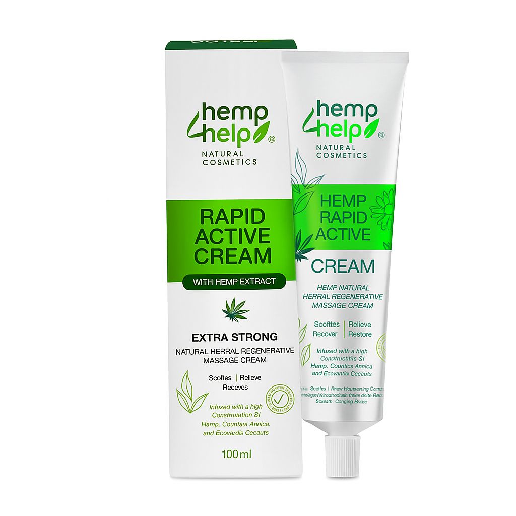 Creme-Tube und Verpackung. Weiß, grün. Aufschrift: Hemp Help, Rapid Active Cream. Mit Hanfextrakt. 100ml.