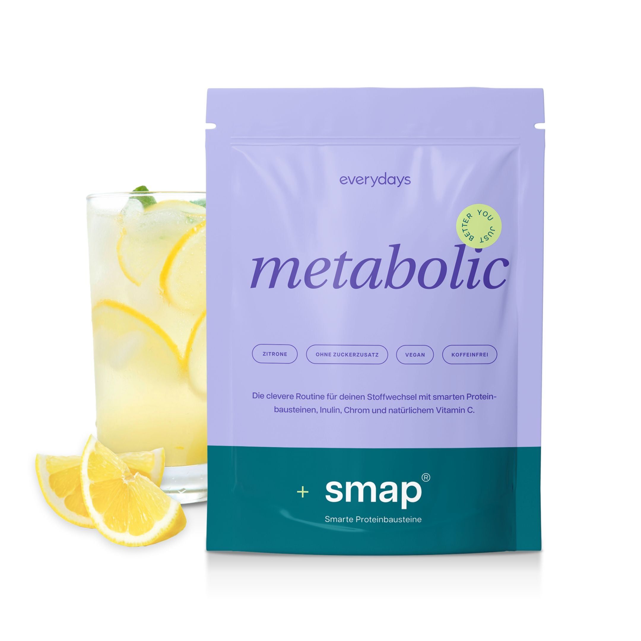 Lila Beutel mit "metabolic" und "smap®" Schriftzug. Glas mit Getränk und Zitronenscheiben.
