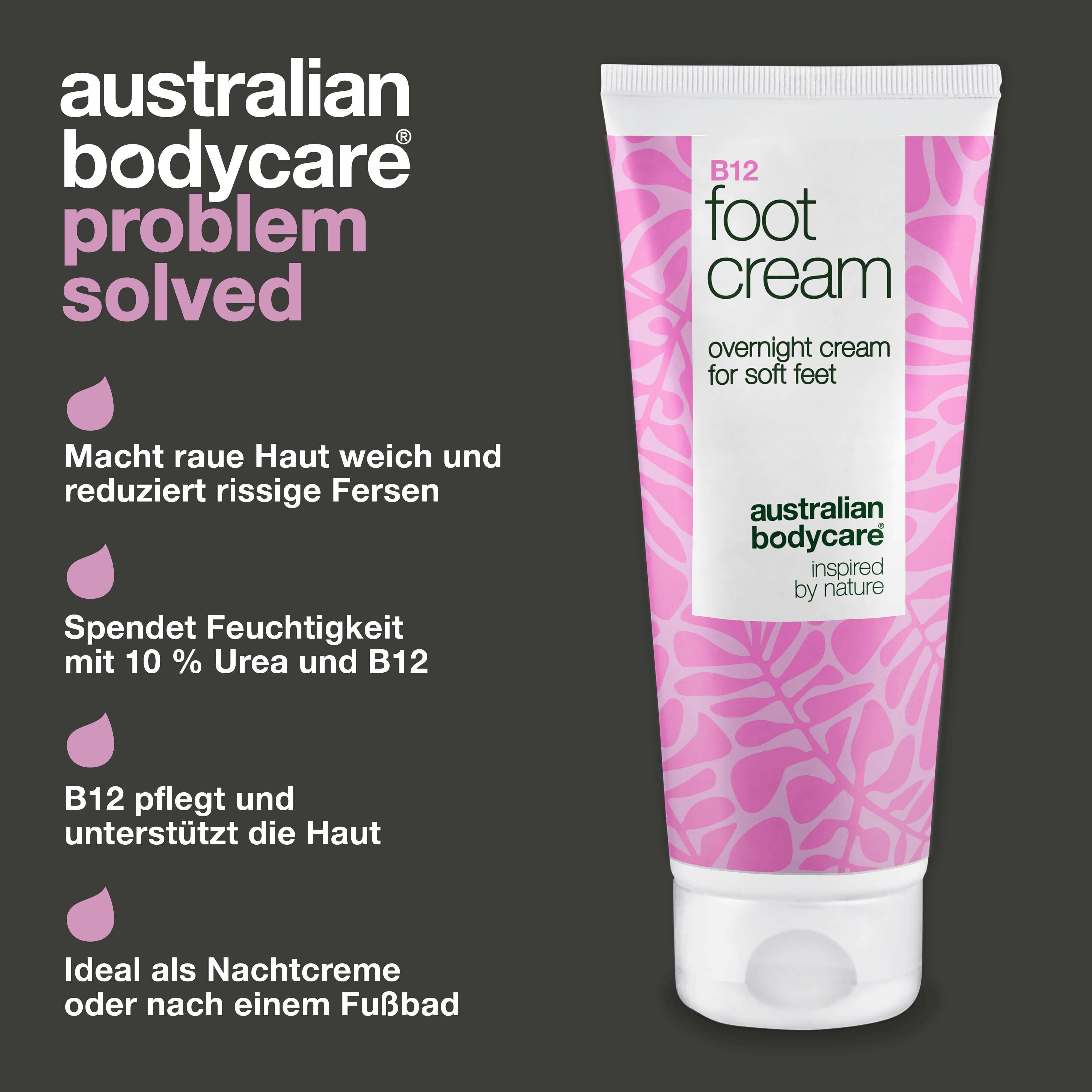 Tube B12 Foot Cream. Text: Australian Bodycare, overnight cream for soft feet. Rosa Tropfen. Text: Macht raue Haut weich.