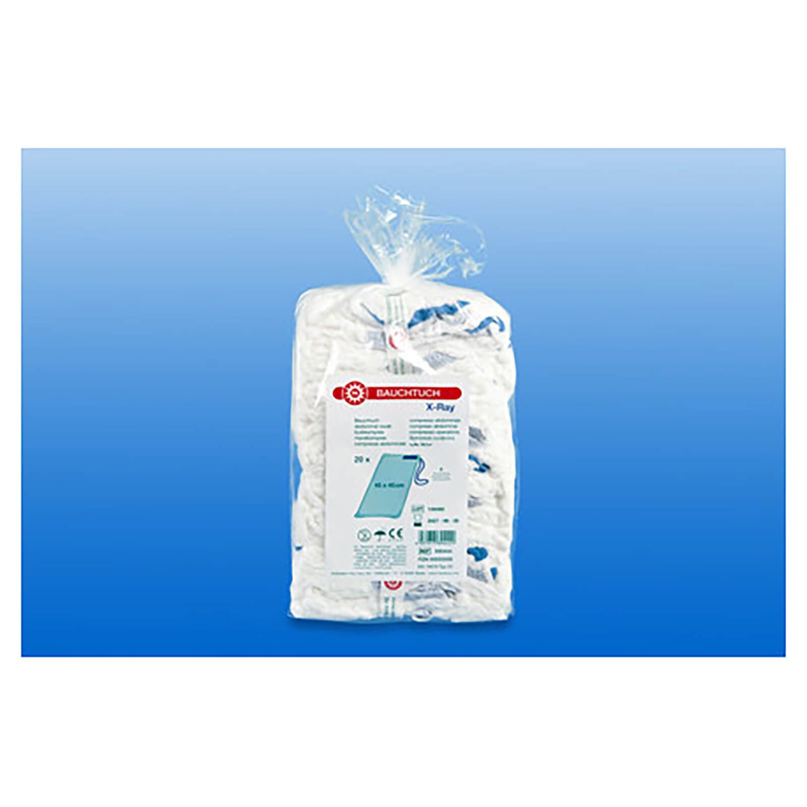 Verpackung mit weißen Bauchtüchern. Klarsichtbeutel. Etikett mit Produktinformationen und Logo.