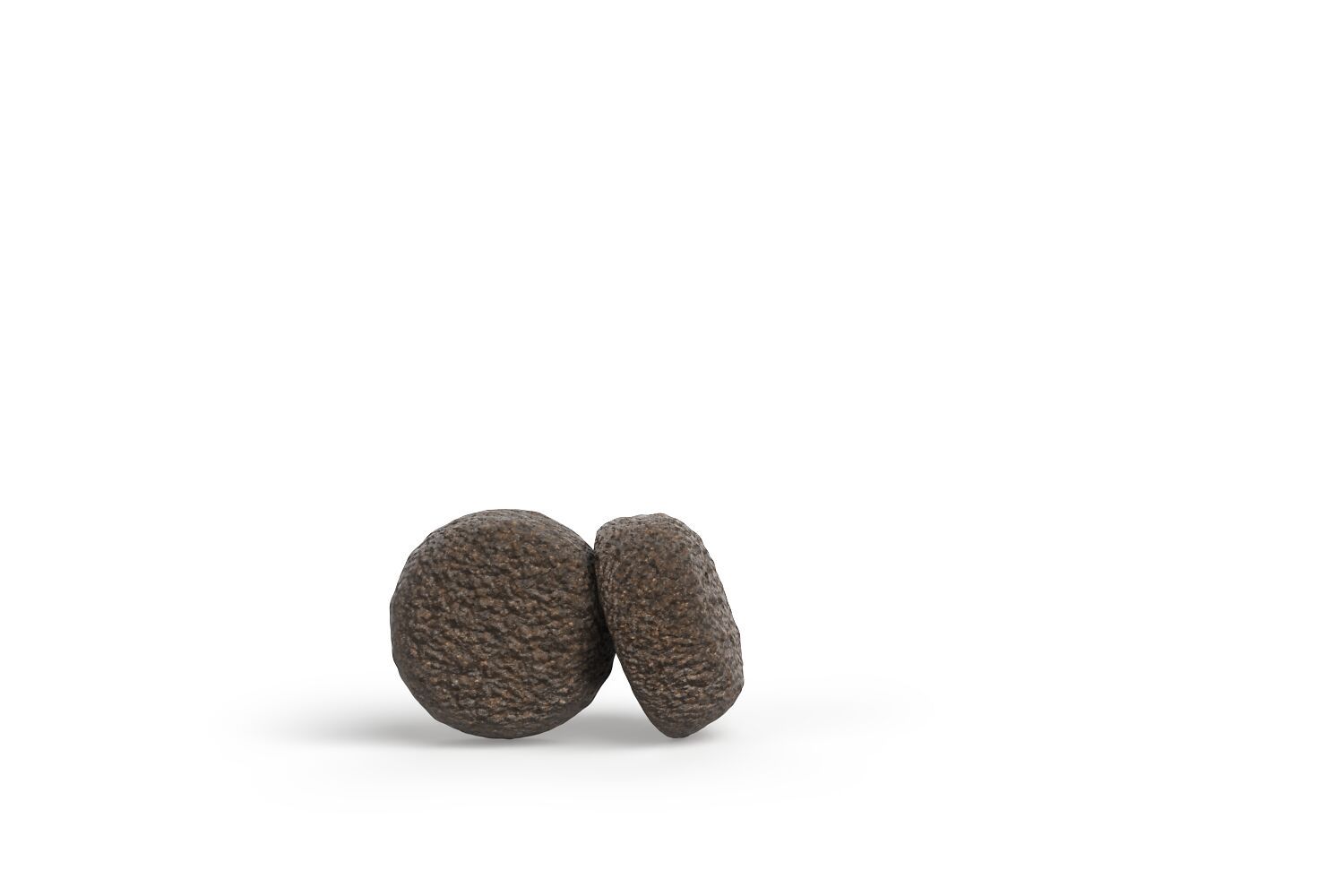 Zwei runde, braune Kroketten. Texturierte Oberfläche, leicht erhöht.