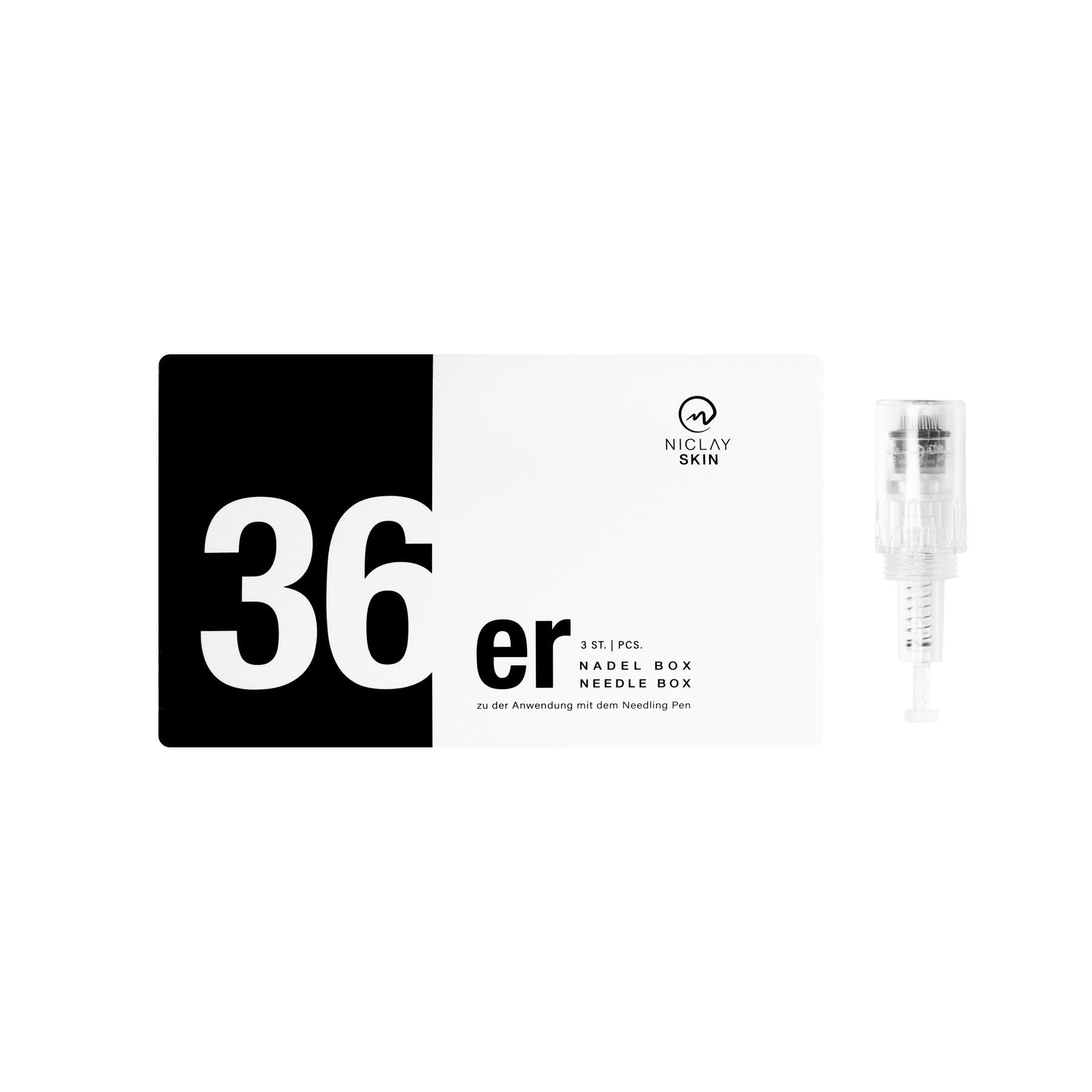 Verpackung mit "36er" und "NICLAY SKIN". Nadelbox und Nadelaufsatz.