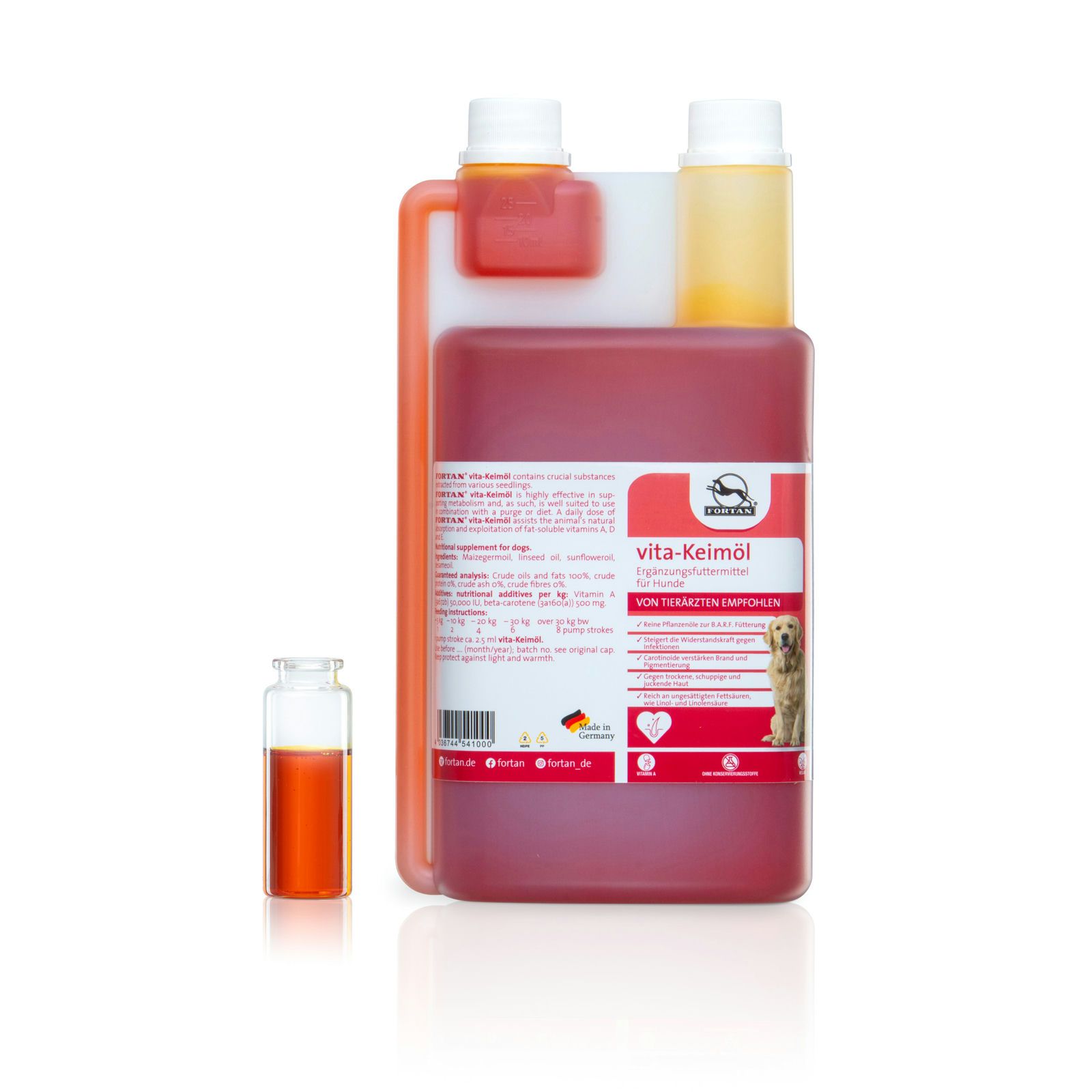 Rote Flüssigkeit in einer Flasche mit weißem Verschluss und Etikett. Zusätzliche kleine Flasche daneben. Aufschrift: vita-Keimöl.