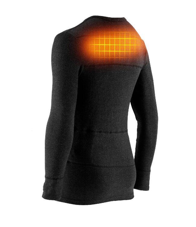 Dunkelgraues Langarm-Thermo-Shirt mit Heizfunktion im Rückenbereich. Sichtbares Heizmuster in Orange.