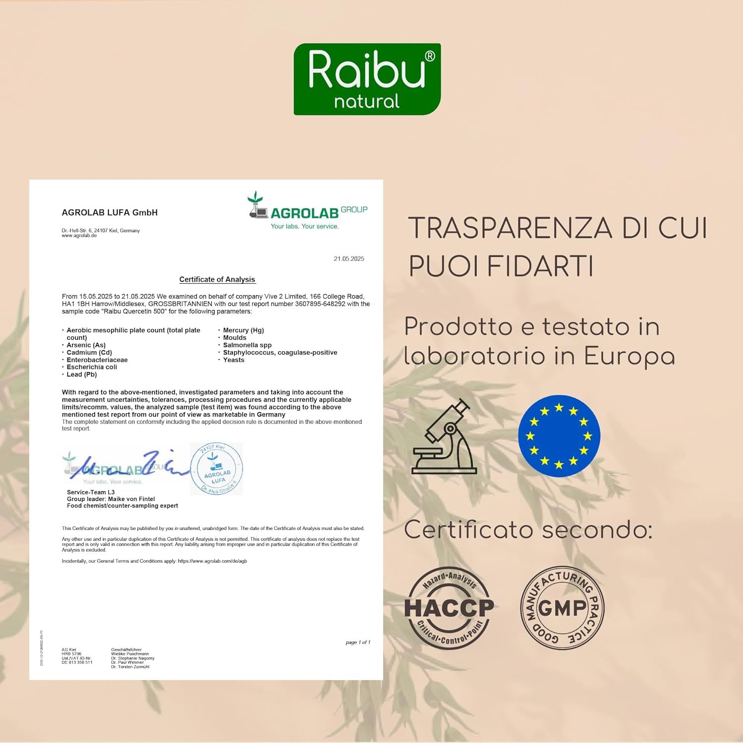 Certificati e flacone. Testo: Trasparenza di cui ti puoi fidare. Prodotto testato in Europa. Certificato secondo: HACCP, GMP.