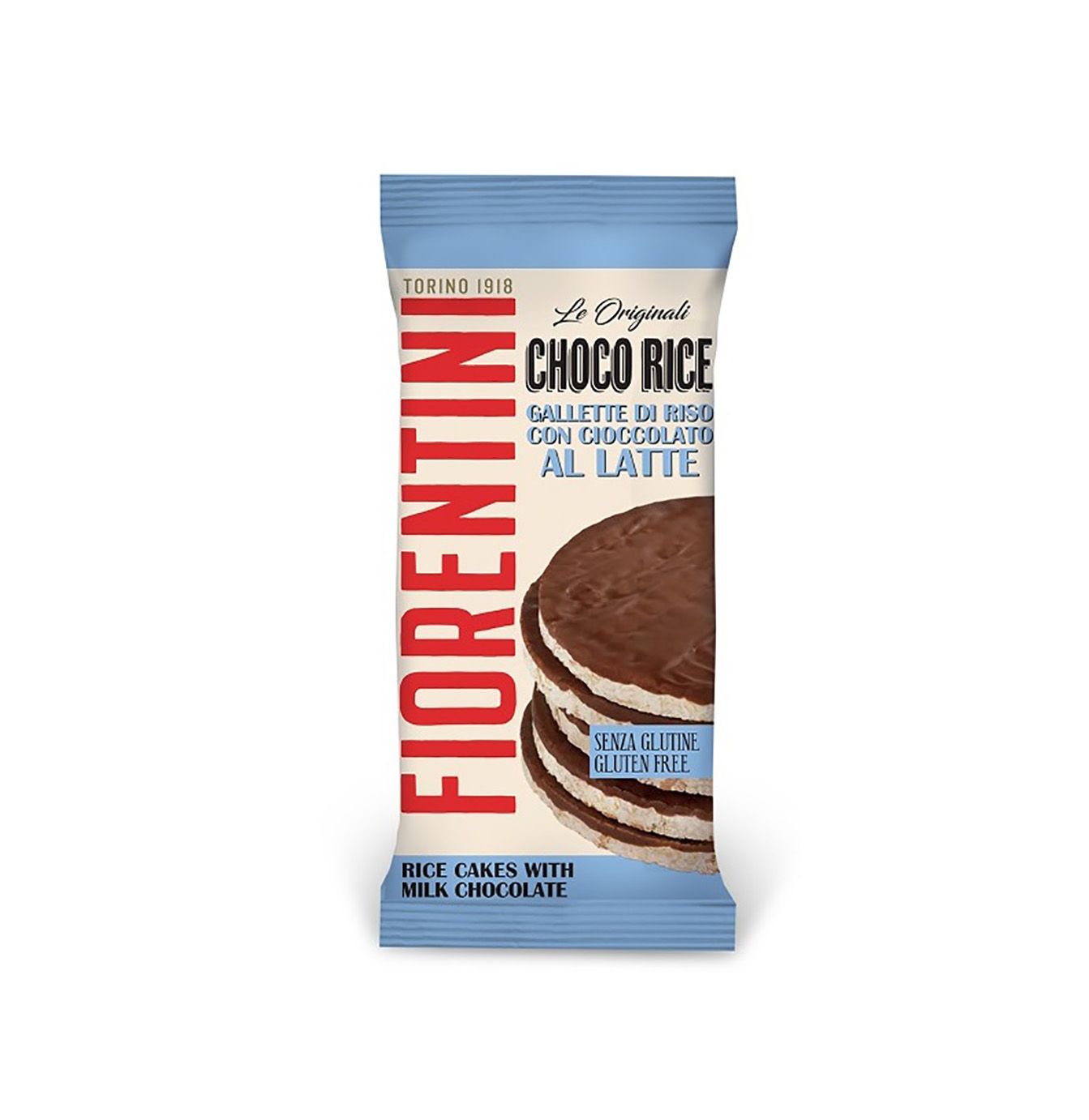 Confezione di gallette di riso con cioccolato al latte. Testo: Choco Rice, Senza Glutine, Fiorentini.
