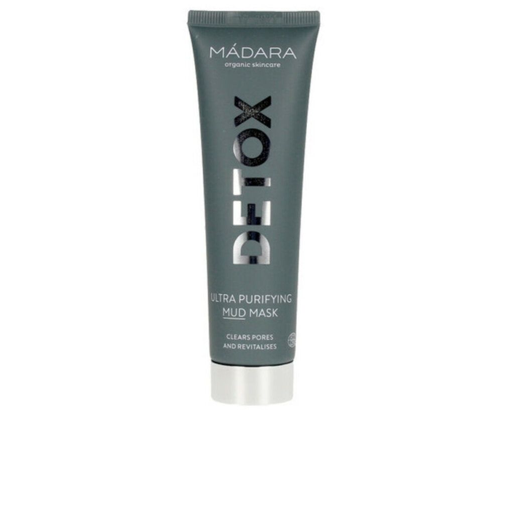 Graue Tube mit silberner Schrift. Beschriftung: DETOX, Ultra Purifying Mud Mask. Marke: MÁDARA.