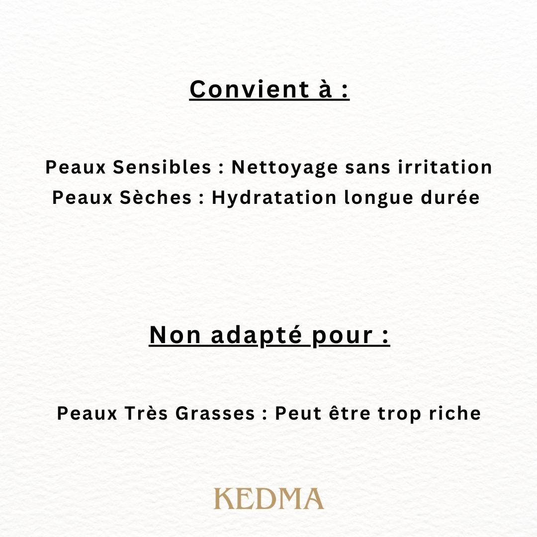Convient à : peaux sensibles, peaux sèches. Non adapté pour : peaux très grasses. Logo KEDMA.