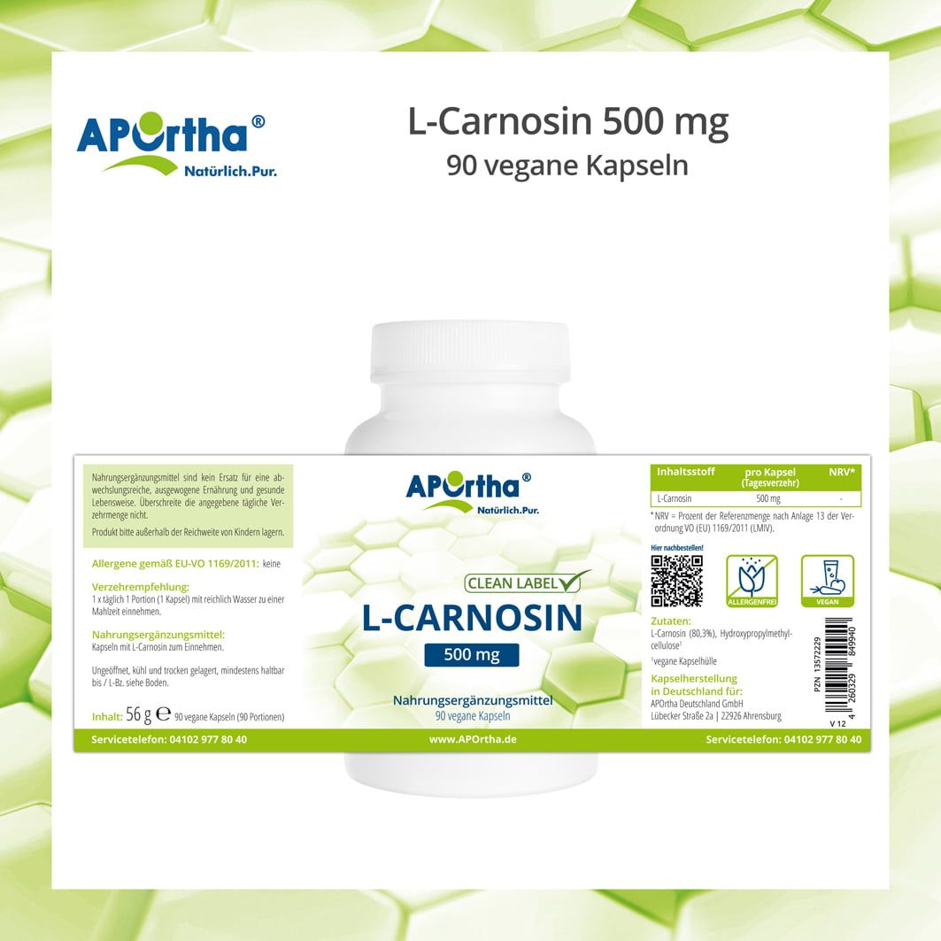 Weiße Flasche mit Etikett. Aufschrift: APOrtha®, L-Carnosin 500 mg, 90 vegane Kapseln. Nährwertangaben, Clean Label.