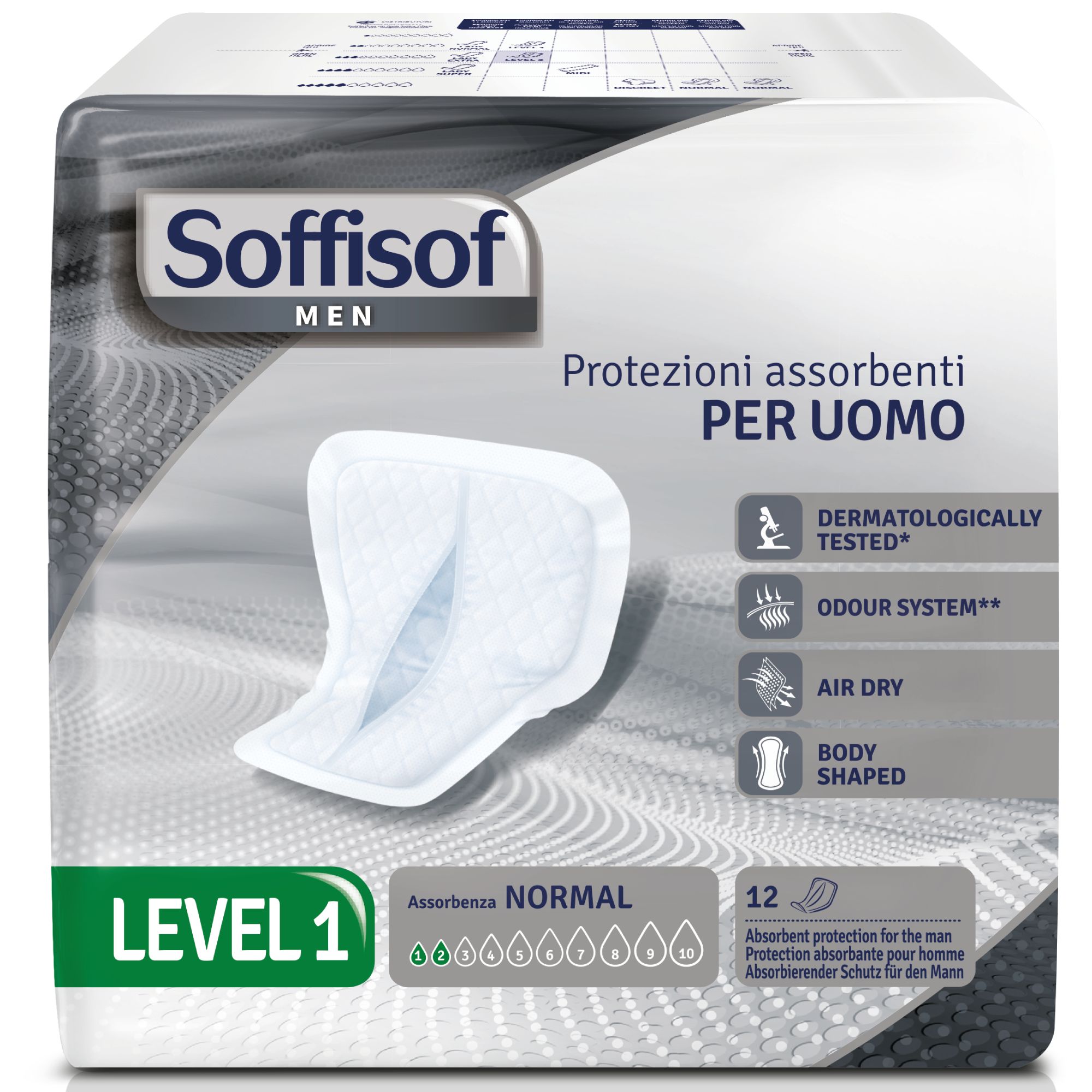 Soffisof Men Level 1 Inkontinenzeinlagen. Weiße, anatomisch geformte Einlage. Verpackung mit 12 Stück. Dermatologisch getestet.