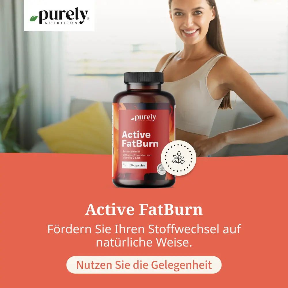 Hand pflückt grüne Blätter. Daneben eine Dose 'Active FatBurn'.