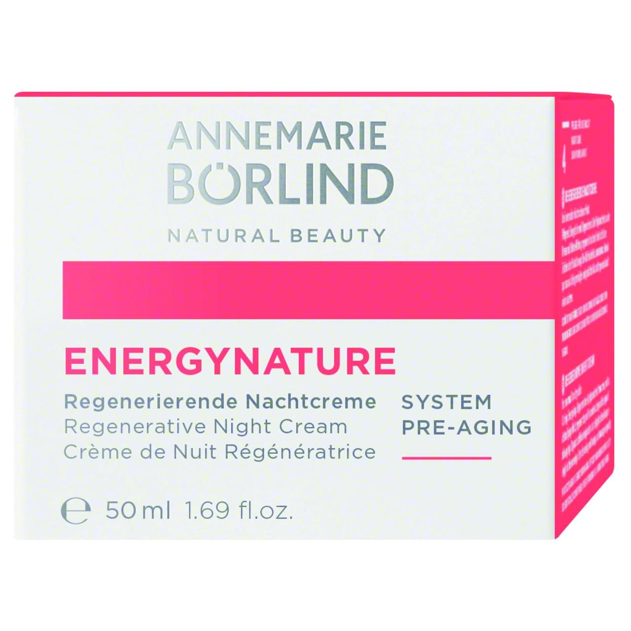 Verpackung der Nachtcreme. Aufschrift ANNEMARIE BÖRLIND. ENERGYNATURE. Regenerierende Nachtcreme. 50 ml.