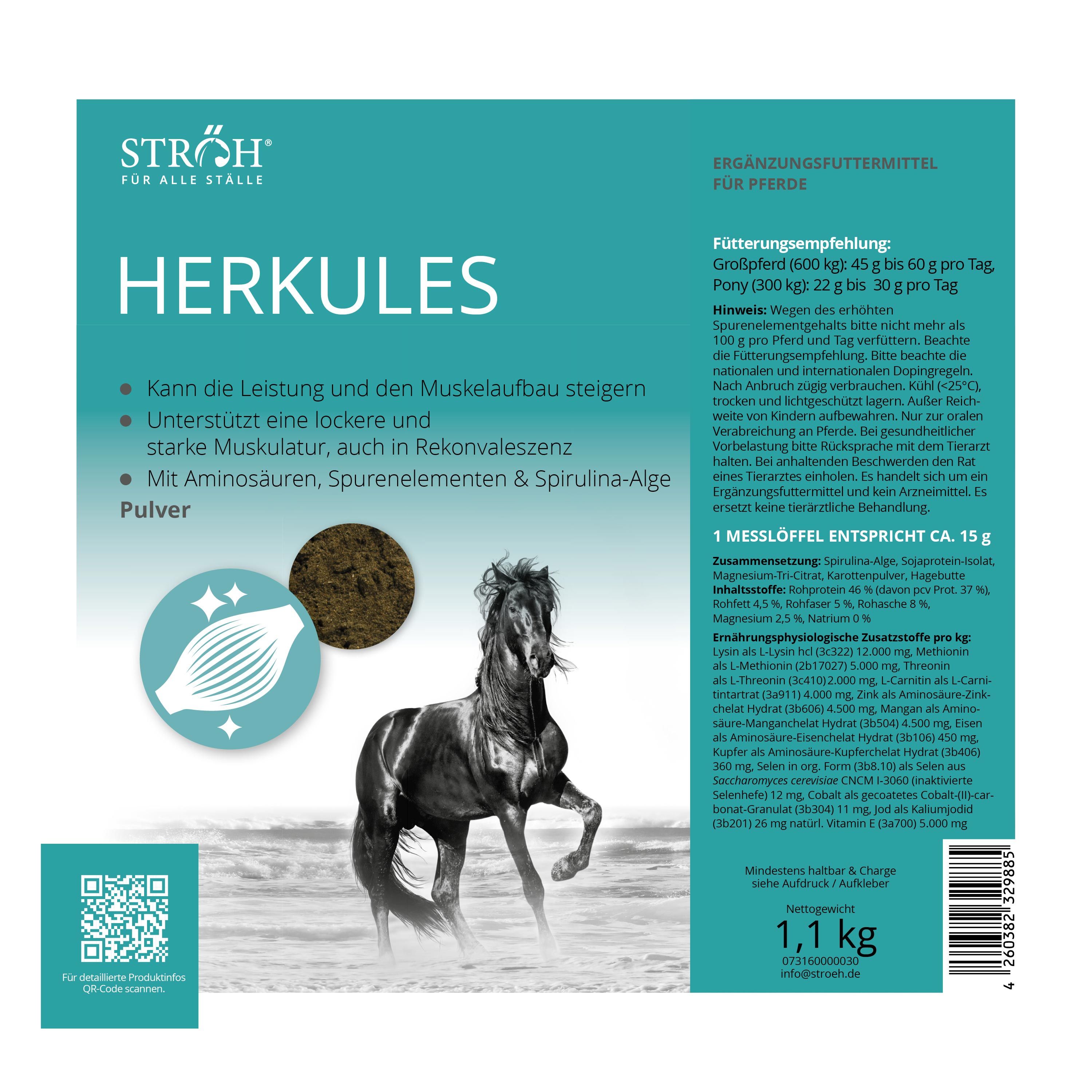 Verpackung von Herkules. Text: Aminosäuren, Spurenelemente, Spirulina-Alge. Abbildung: Pferd. Gewicht: 1,1 kg. Grün-weißer Hintergrund.