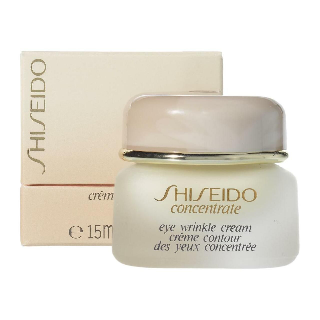 Cremebehälter mit Deckel. Aufschrift: SHISEIDO concentrate eye wrinkle cream. Goldener Ring.