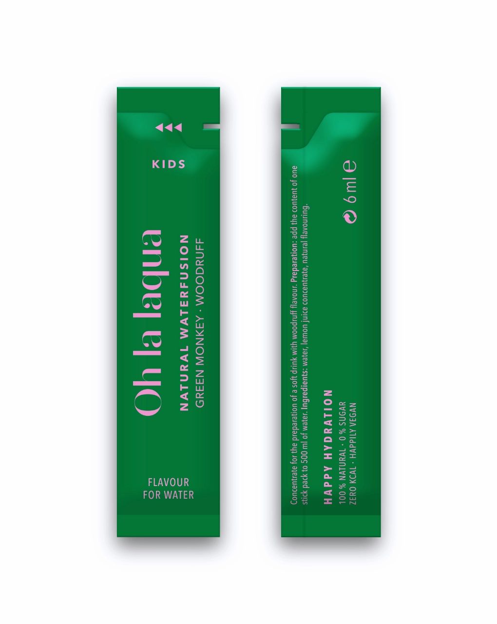 Zwei grüne Sticks mit "Oh la laqua"-Logo. Text: "Flavour for Water". Aufschrift: "6 ml".