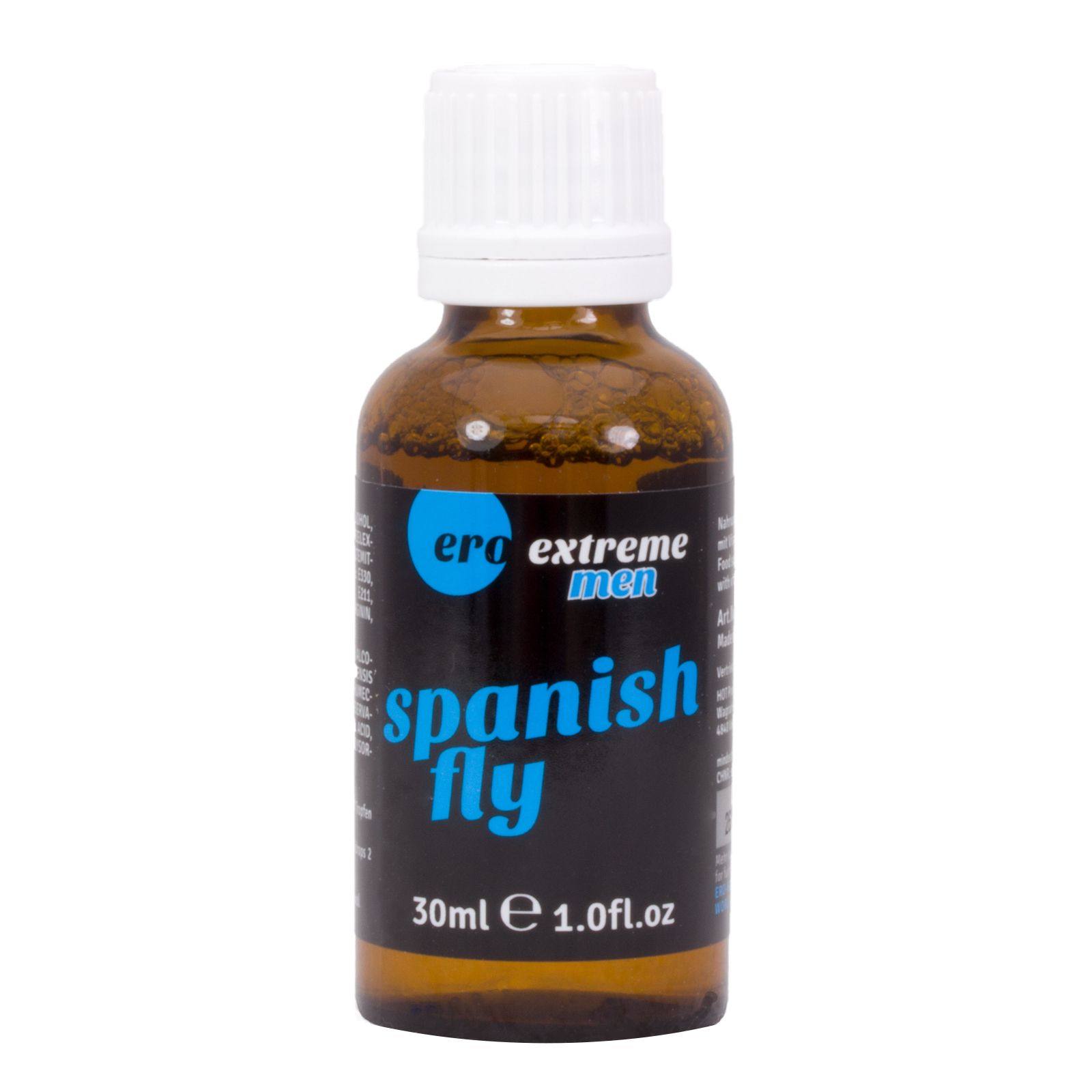 Braune Flüssigkeit in einer Flasche. Auf der Flasche steht "Ero extreme men Spanish fly".
