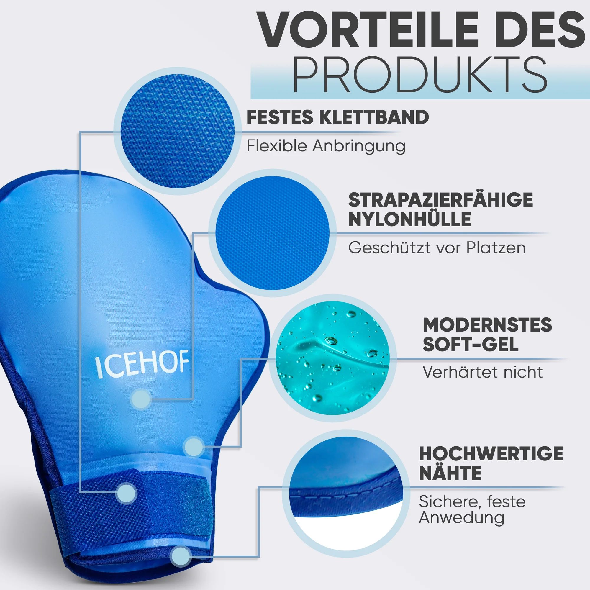 Detailansicht eines ICEHOF Kühlhandschuhs. Merkmale: Klettband, strapazierfähige Nylonhülle, Soft-Gel, hochwertige Nähte.