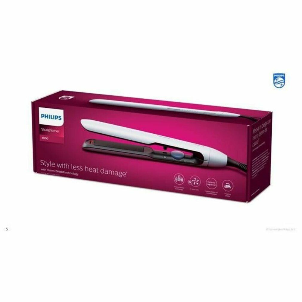 Verpackung des Philips Haarglätters Series 5000 mit Produktabbildung und Siegeln.
