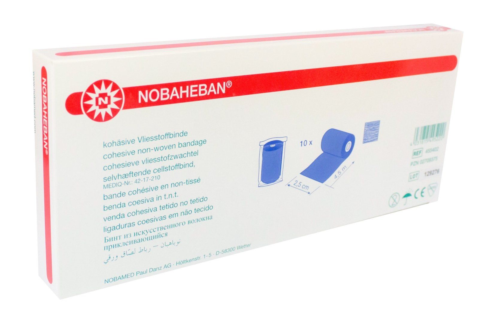 Verpackung von NOBAHEBAN® Kompressionsbinden. Weißer Karton mit roter Schrift und Illustrationen.