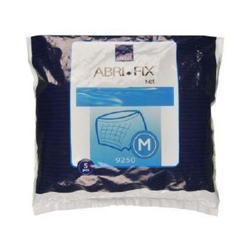 Verpackung mit Abri-Fix Net ohne Bein M. Aufdruck mit Produktname, Illustration und Größe M. Enthält 5 Stück.