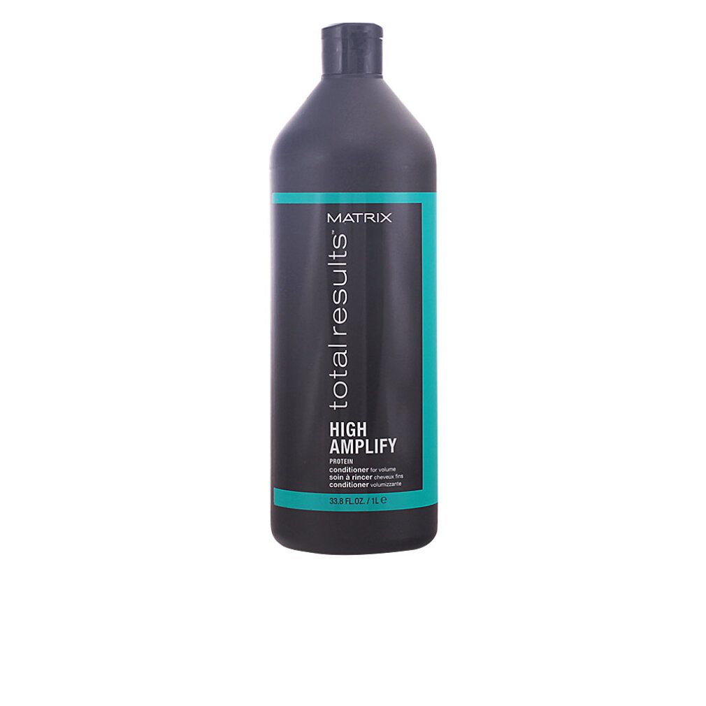 Schwarze Flasche mit blauem Etikett. Aufschrift: Matrix total results HIGH AMPLIFY. Conditioner für feines Haar. 33.8 fl.oz/1L.