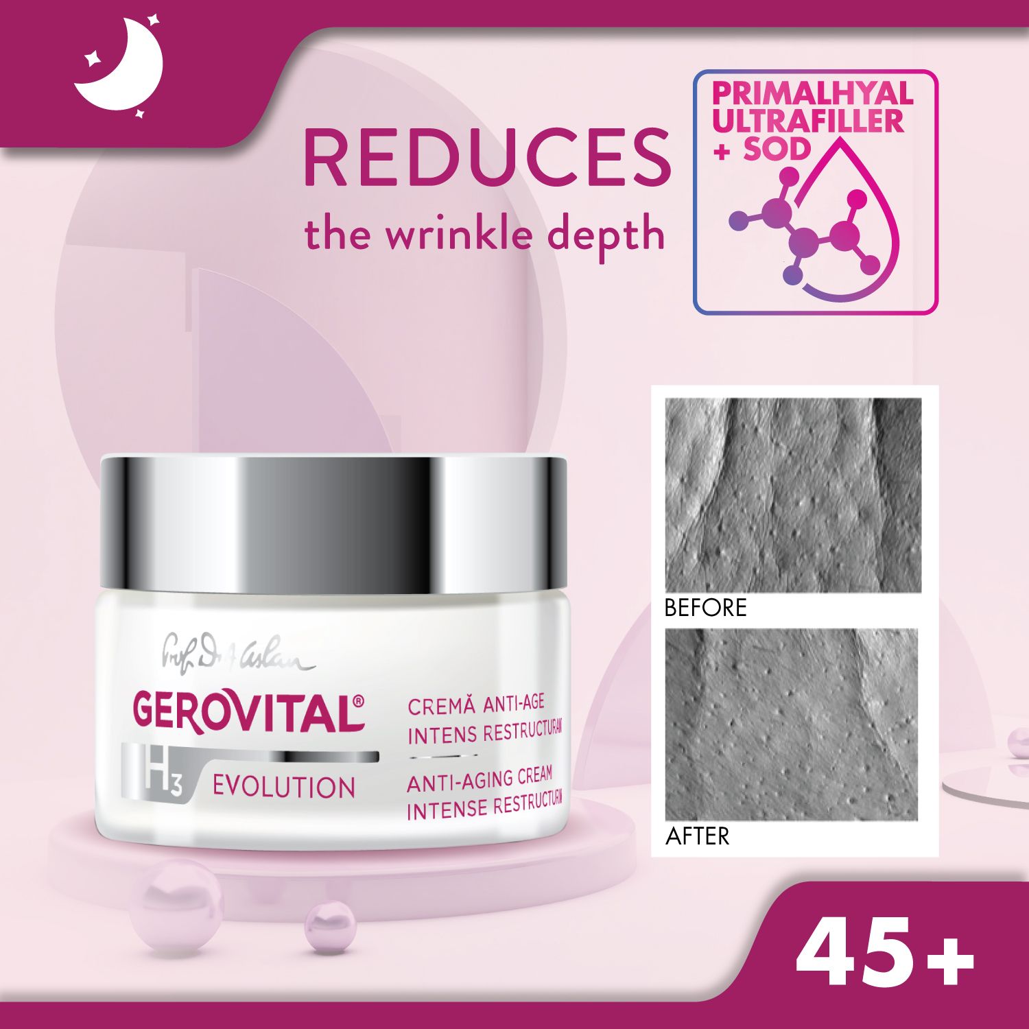 Creme-Dose mit Vorher-Nachher-Bildern. Aufschrift: Gerovital H3 Evolution, Anti-Aging Creme, 45+. Reduziert Faltentiefe.
