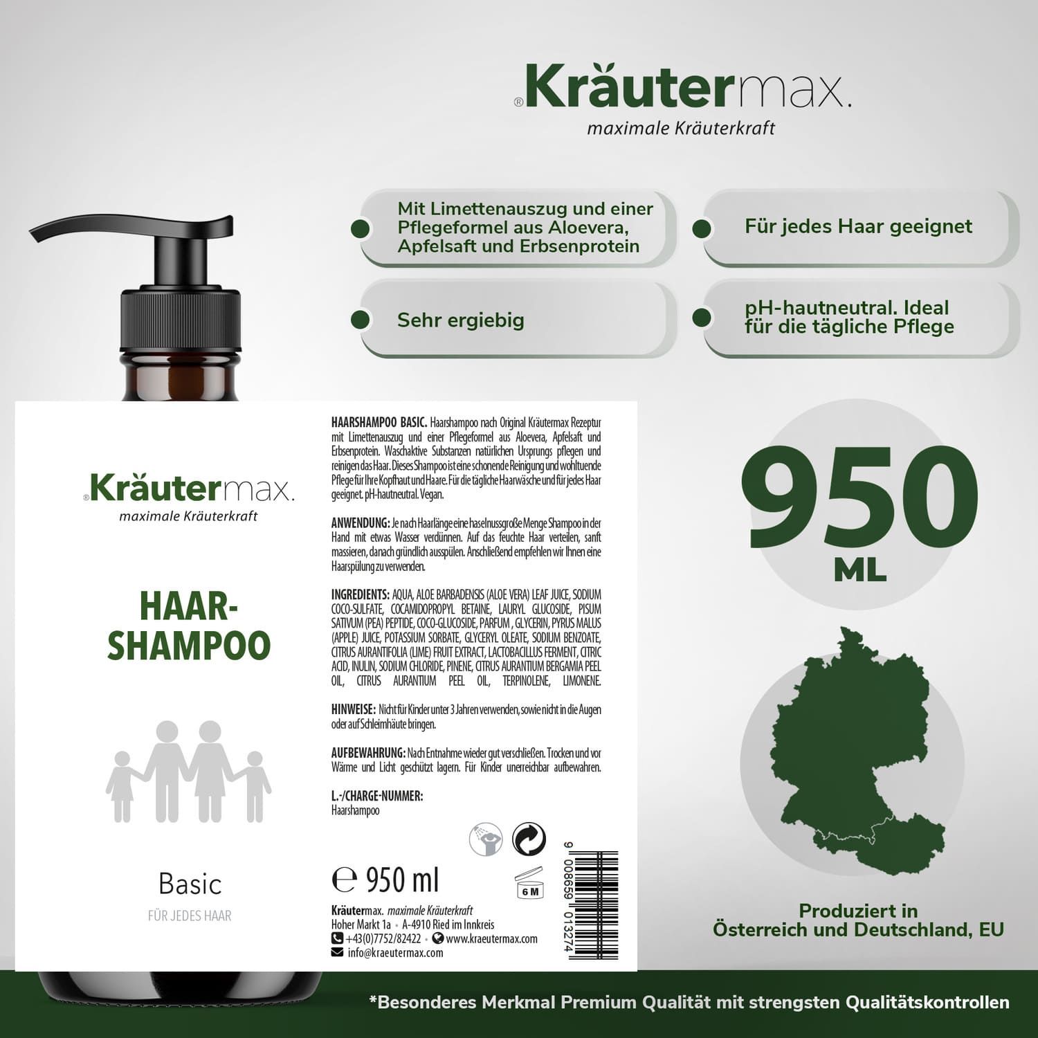 Braune Shampoo-Flasche mit schwarzem Pumpverschluss. Aufschrift: Haar-Shampoo, Basic, 950 ml. Text über Inhaltsstoffe, Anwendung und Herkunft: Österreich, Deutschland.