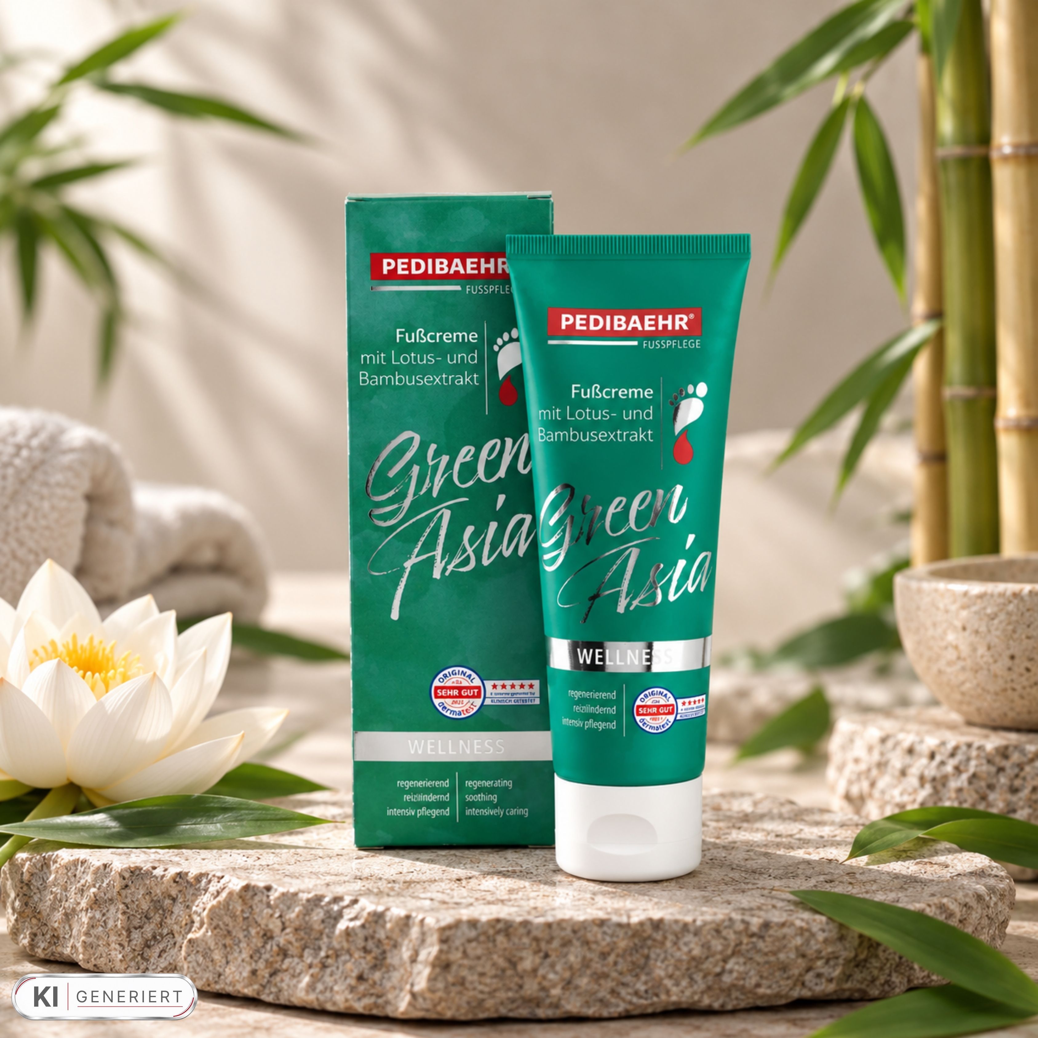 Pedibaehr Fußcreme Green Asia mit Lotus- und Bambusextrakt und Faltschachtel.
