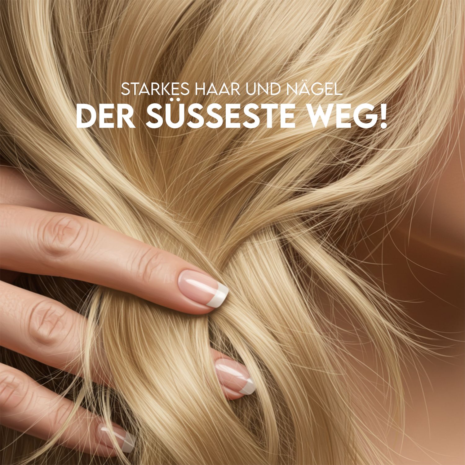 Blondes Haar und gepflegte Nägel mit French Manicure. Text: Starkes Haar und Nägel, der süßeste Weg!