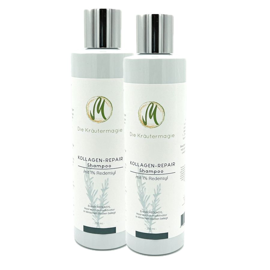 Zwei graue Shampoo-Flaschen mit silbernen Deckeln. Aufschrift: Kollagen-Repair Shampoo mit 1% Redensyl. Logo: Die Kräutermagie.