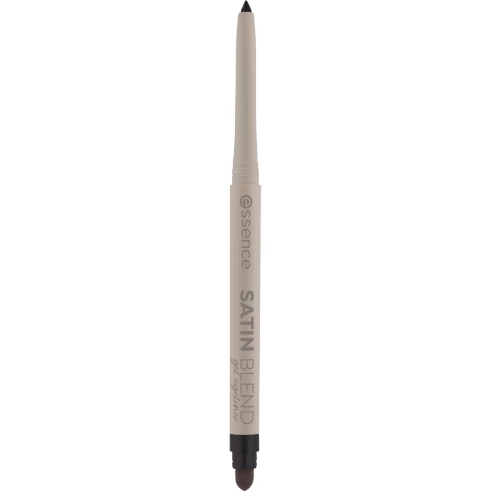 Essence Satin Gel Eyeliner. Beige Stift mit schwarzer Spitze. Aufschrift: Satin Blend, Gel Eyeliner. Marke Essence.