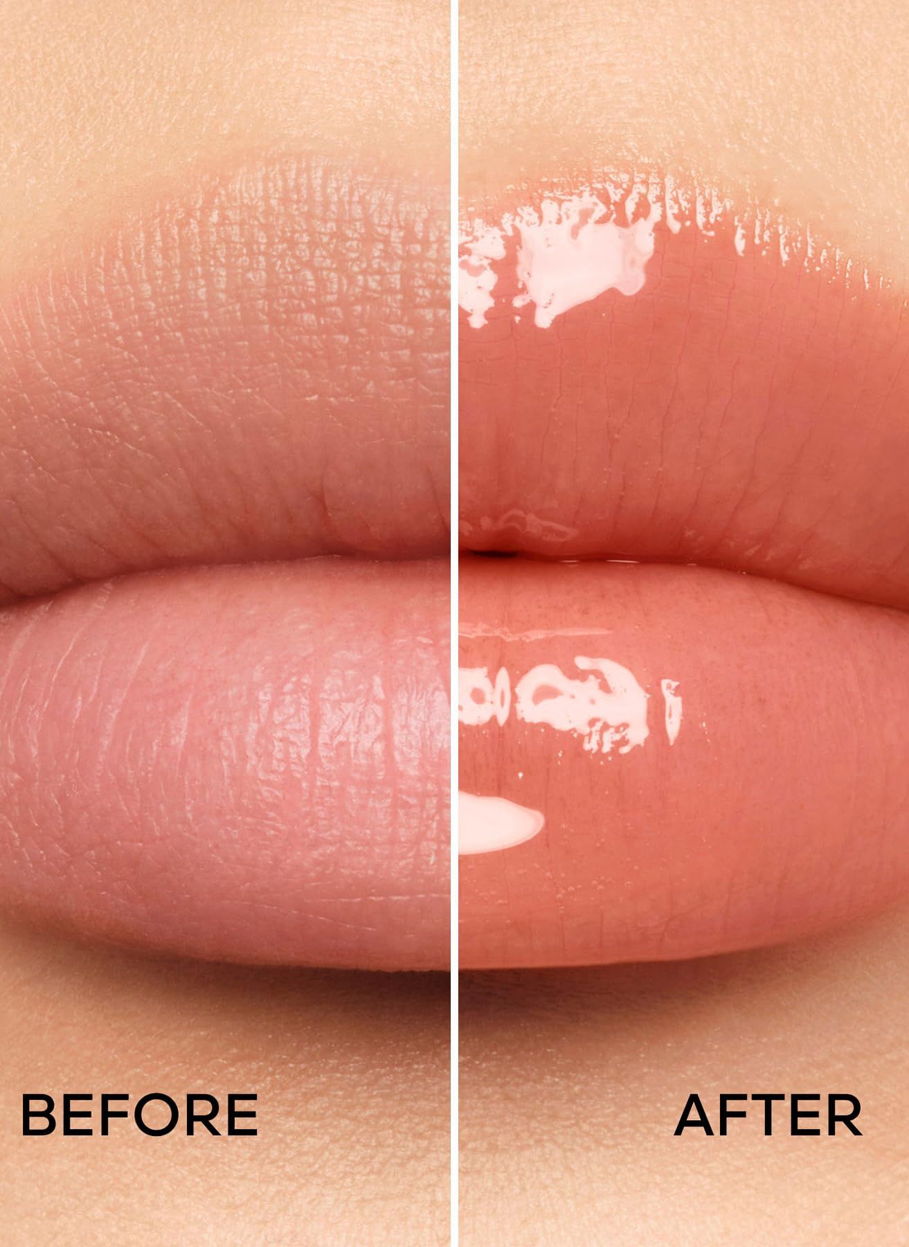 Lippen vor und nach der Anwendung. Text: BEFORE, AFTER.