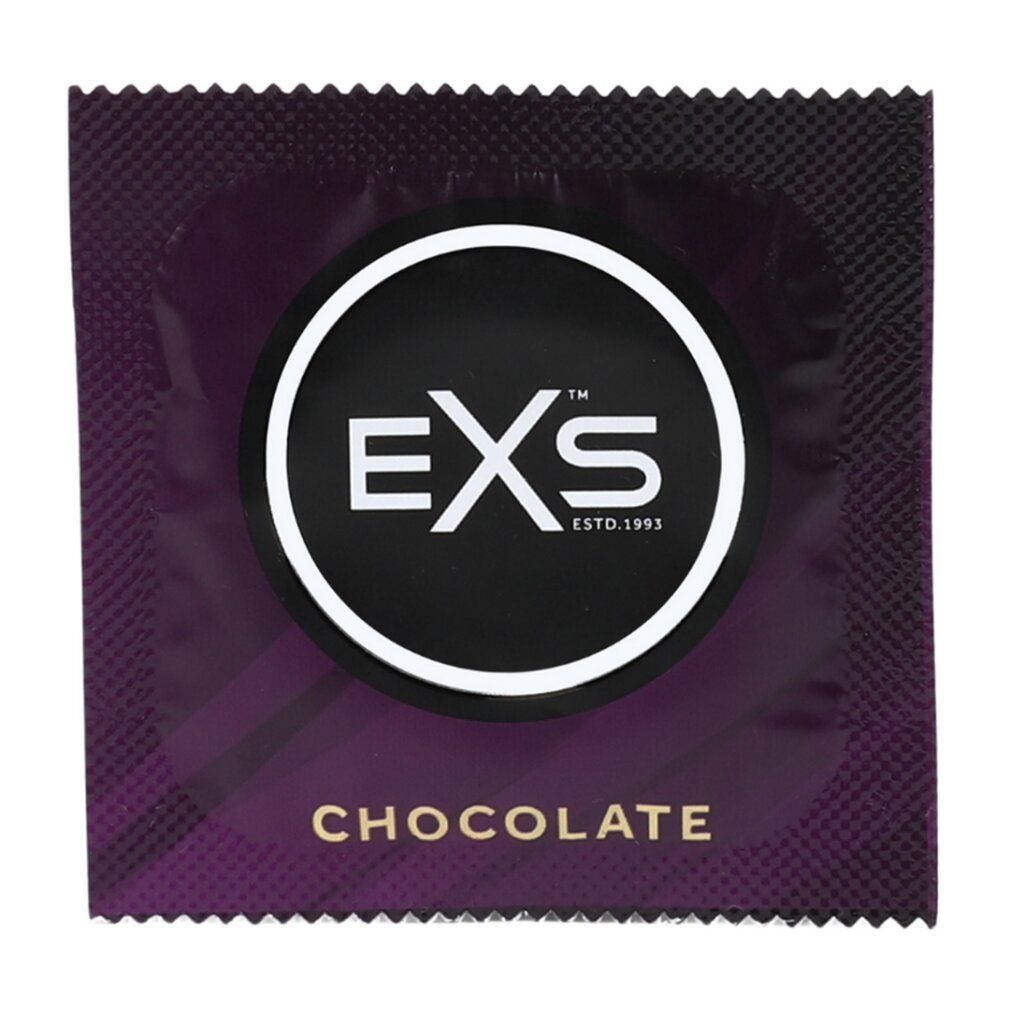 Einzelverpackung eines EXS Kondoms mit der Aufschrift 'Chocolate'.
