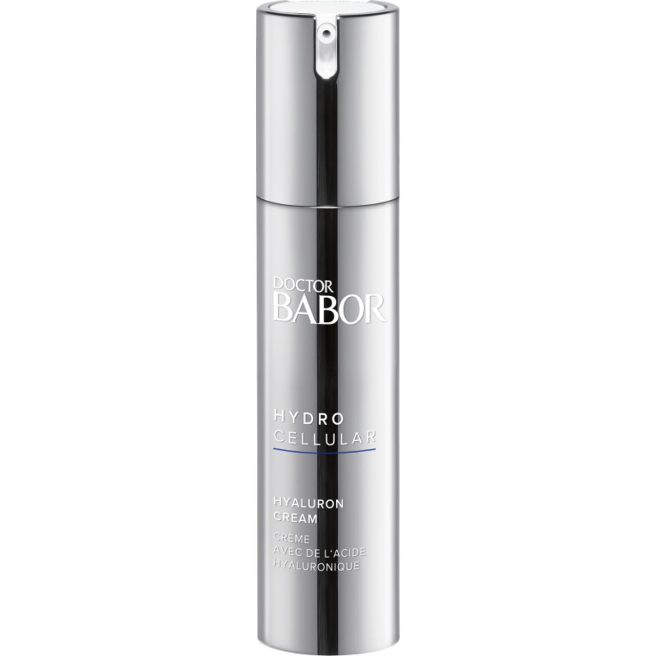 Zylindrische, silberfarbene Flasche mit Dosierkopf. Aufschrift: Doctor Babor, Hydro Cellular, Hyaluron Cream.