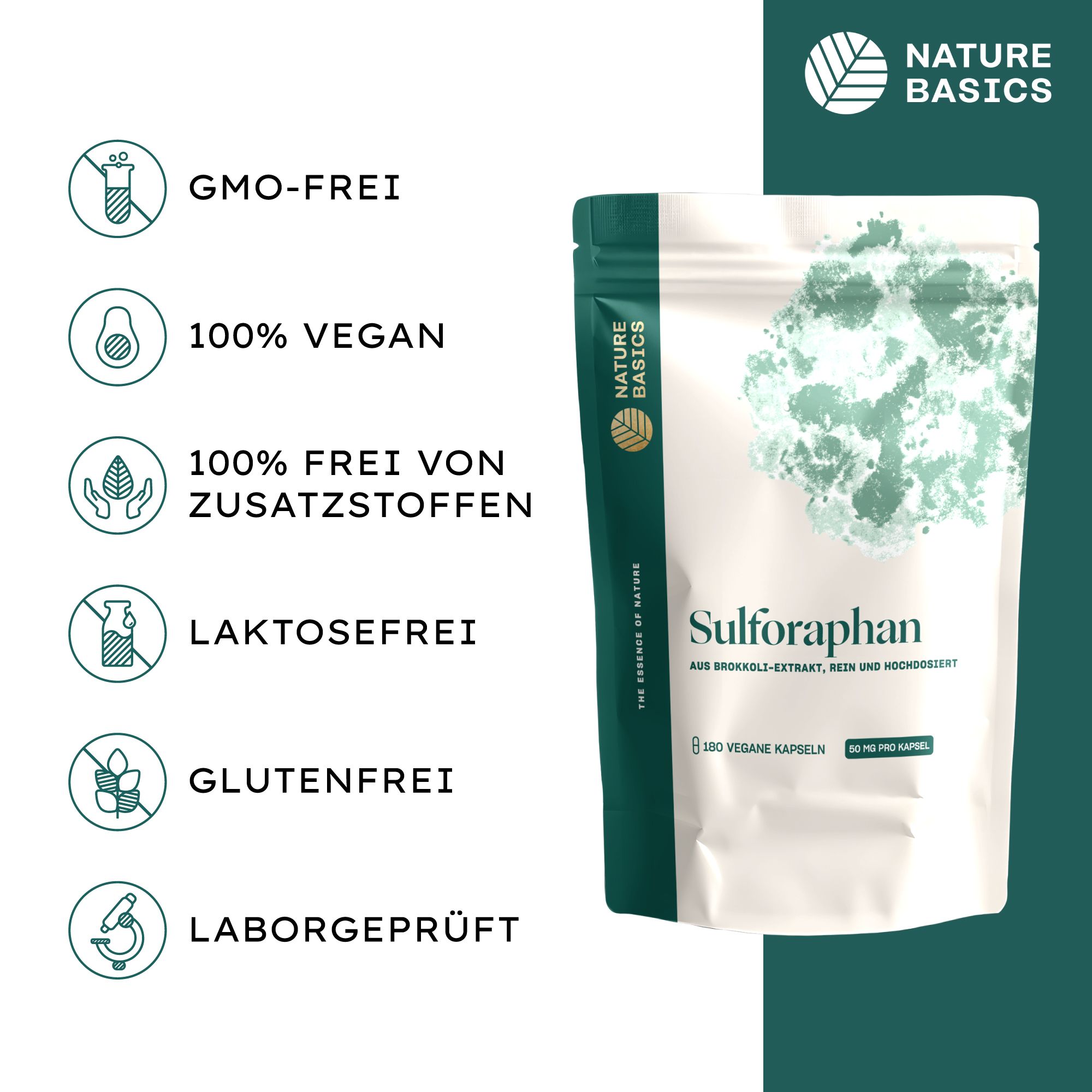 Beutel mit Kapseln. Text: Sulforaphan, 180 vegane Kapseln. Logos: GMO-frei, 100% vegan, zusatzstoffrei, laktosefrei, glutenfrei, laborgeprüft.
