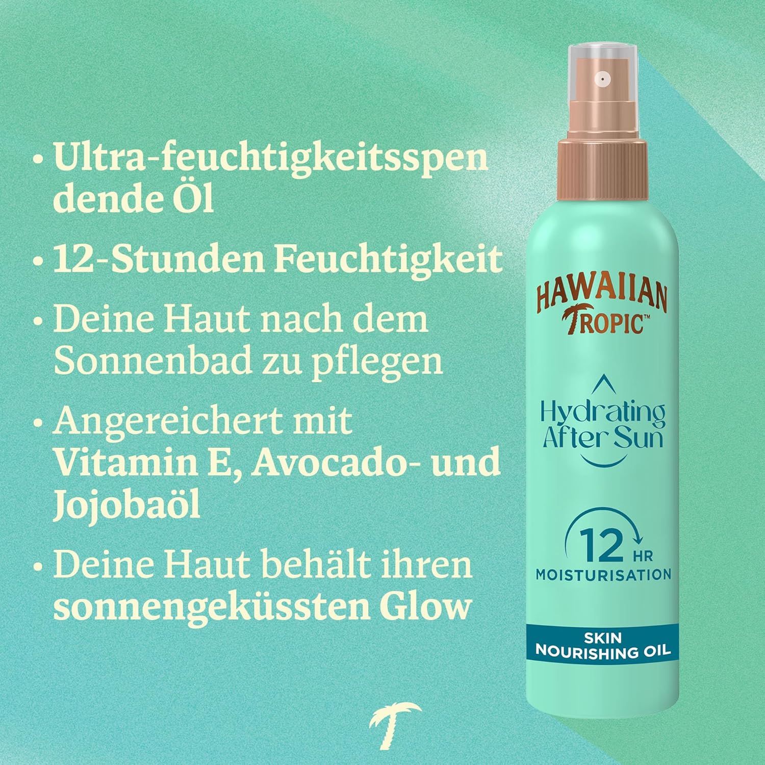 Türkisgrüne Sprühflasche mit braunem Deckel. Text: Hawaiian Tropic, Hydrating After Sun, 12hr Moisturisation, Skin Nourishing Oil.