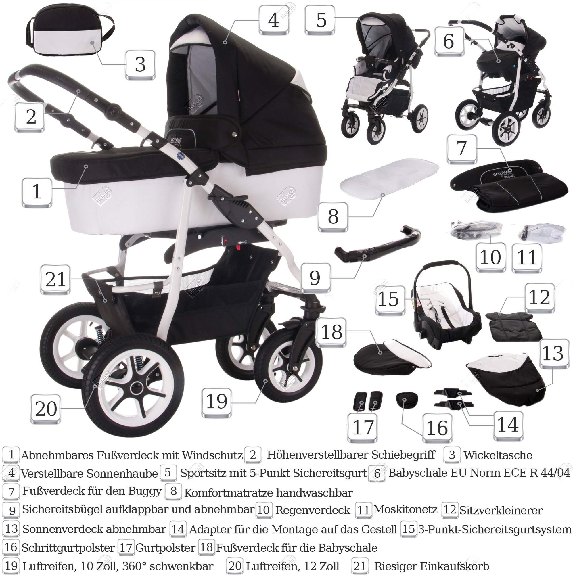Kinderwagen-Set mit Babywanne, Maxi Cosi und Zubehör. Schwarz-weißes Design, vier Räder, zusammengeklappt.