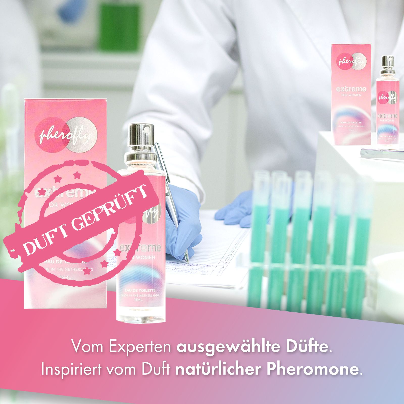 Pherofly Extreme für Frauen. Rosa Flakon und Verpackung. Produktabbildung mit Text. Vom Experten ausgewählte Düfte.