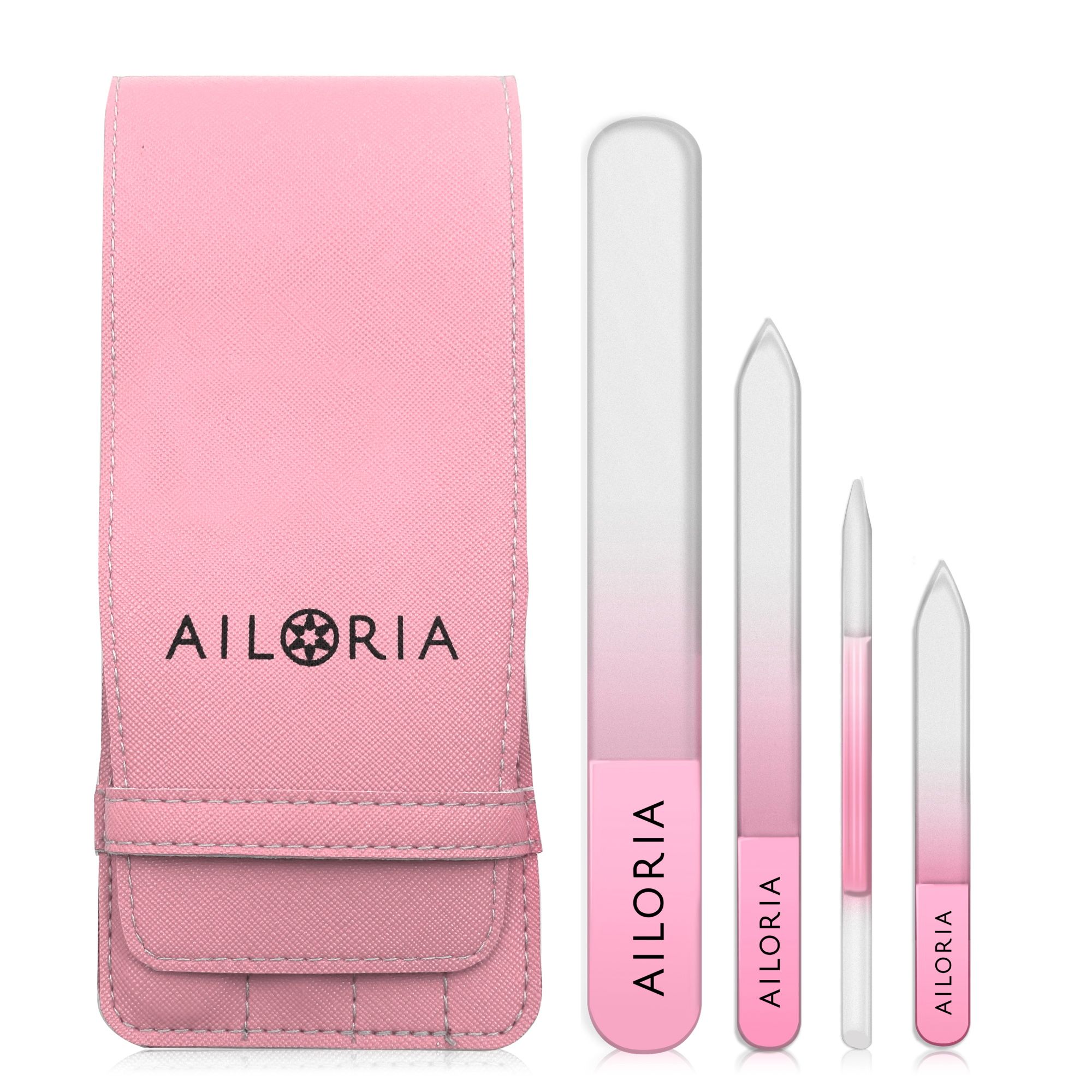 Nagelfeilen-Set mit Etui. Rosa Etui mit Logo. Vier Glasfeilen in verschiedenen Formen und Größen, rosa Akzente, AILORIA-Logo.