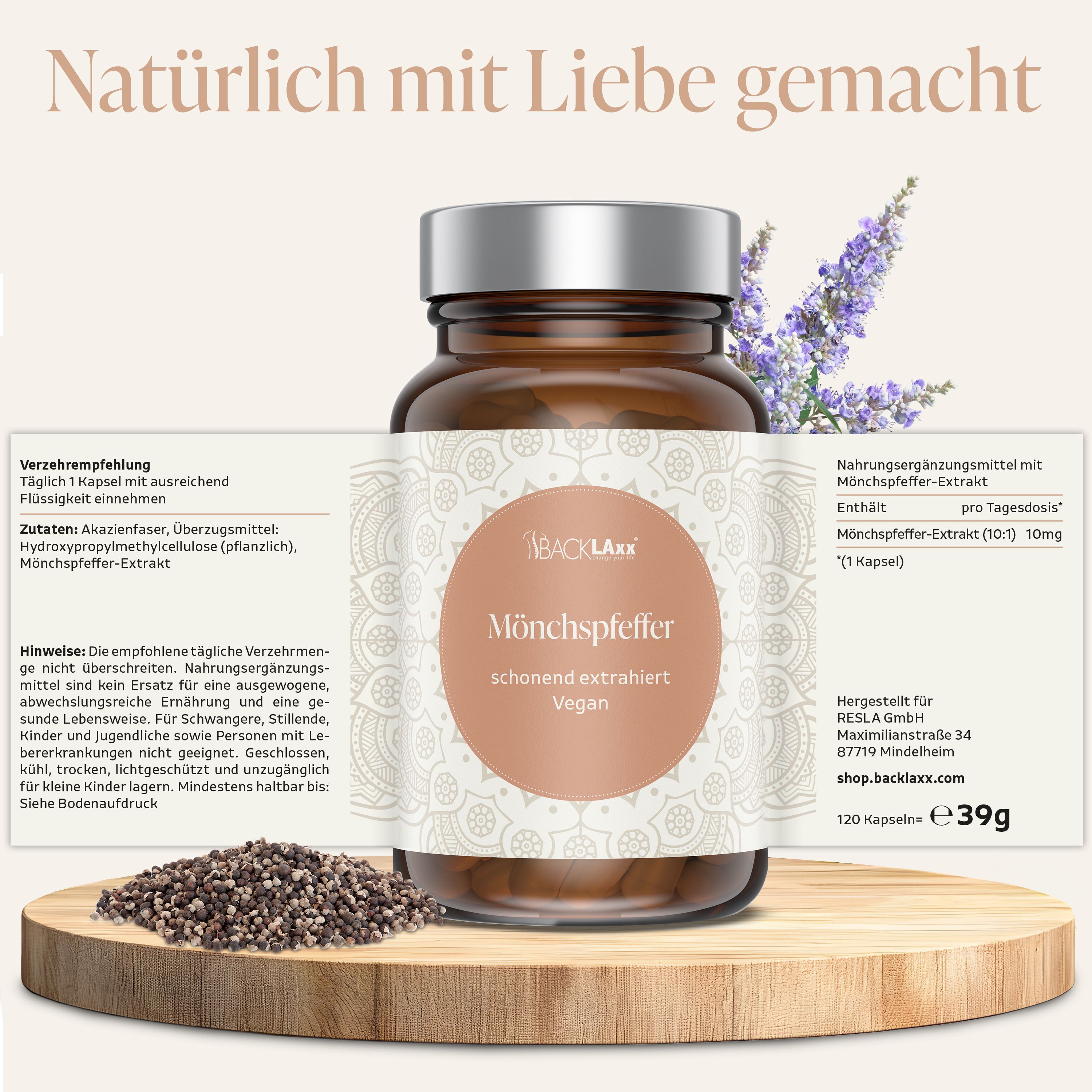 Braune Glasflasche mit Etikett. Auf dem Etikett steht BACKLAXX Mönchspfeffer. Daneben Text und Zutatenliste.
