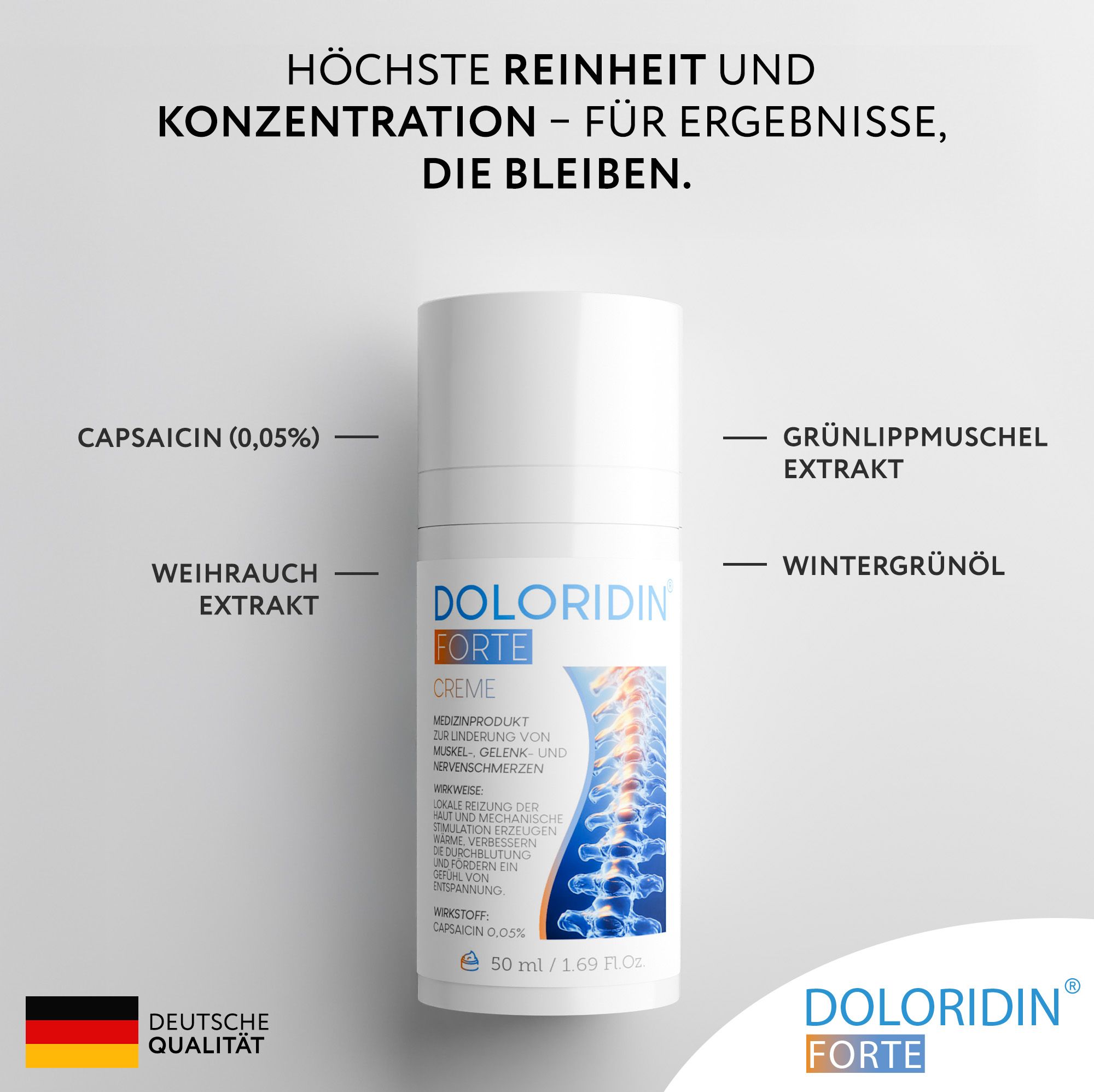Doloridin Forte Creme, weiße Tube. Enthält Capsaicin, Weihrauchextrakt, Wintergrünöl und Grünlippmuschelextrakt. Deutsche Qualität. 50 ml.