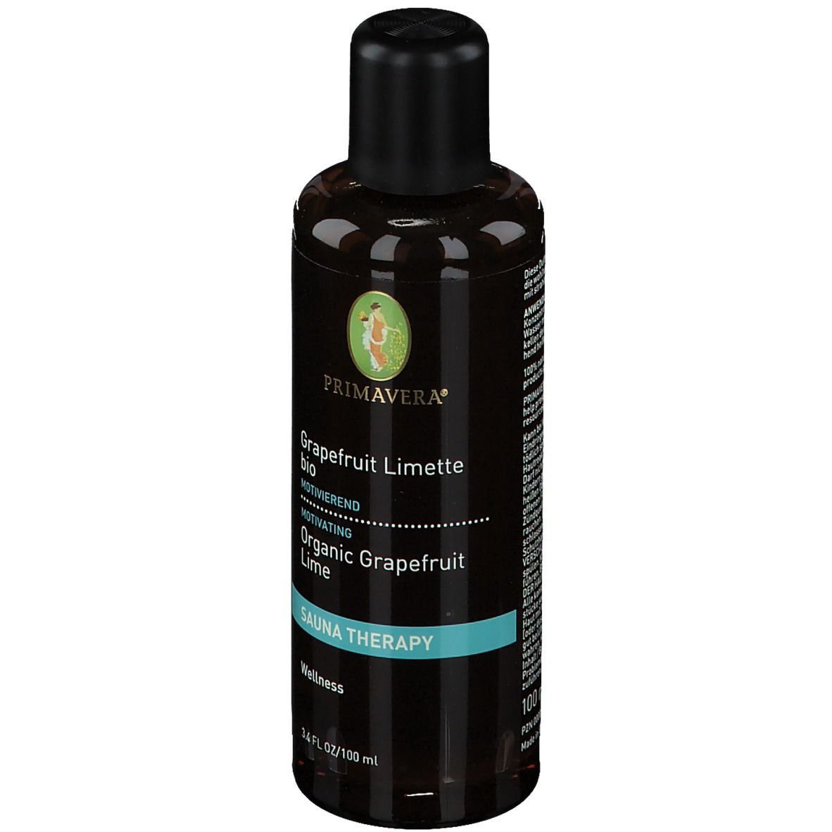 Braune Flasche mit schwarzem Deckel. Etikett mit PRIMAVERA, Grapefruit Limette BIO, Sauna Therapy. 100 ml.