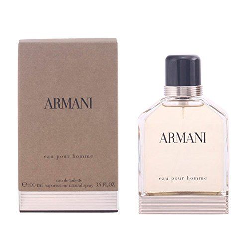 Parfümflakon und Verpackung. Aufschrift: ARMANI, eau pour homme. Flakon mit schwarzem Deckel und silbernem Ring.
