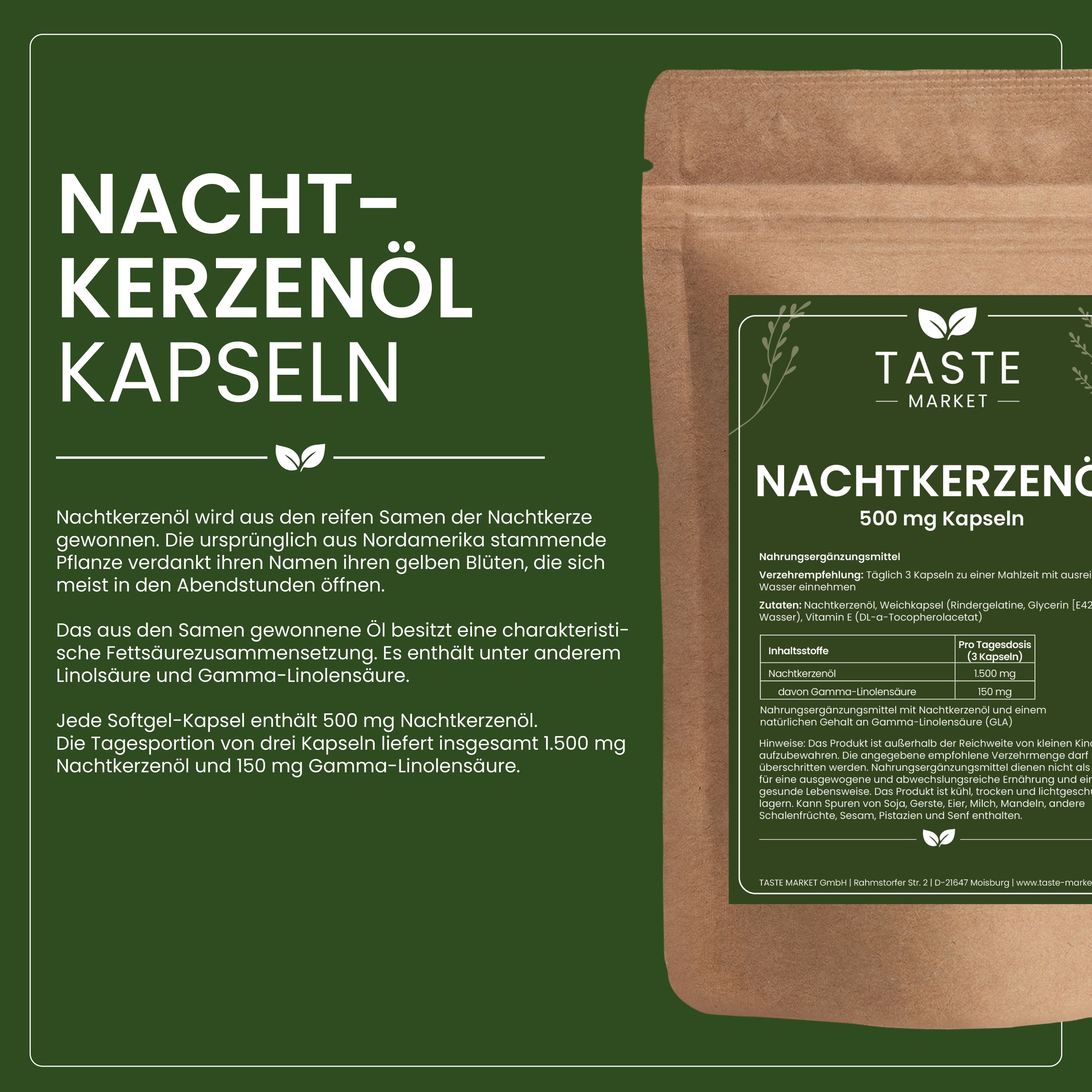 Braune Papiertüte mit 'Taste Market Nachtkerzenöl 500 mg Kapseln'.