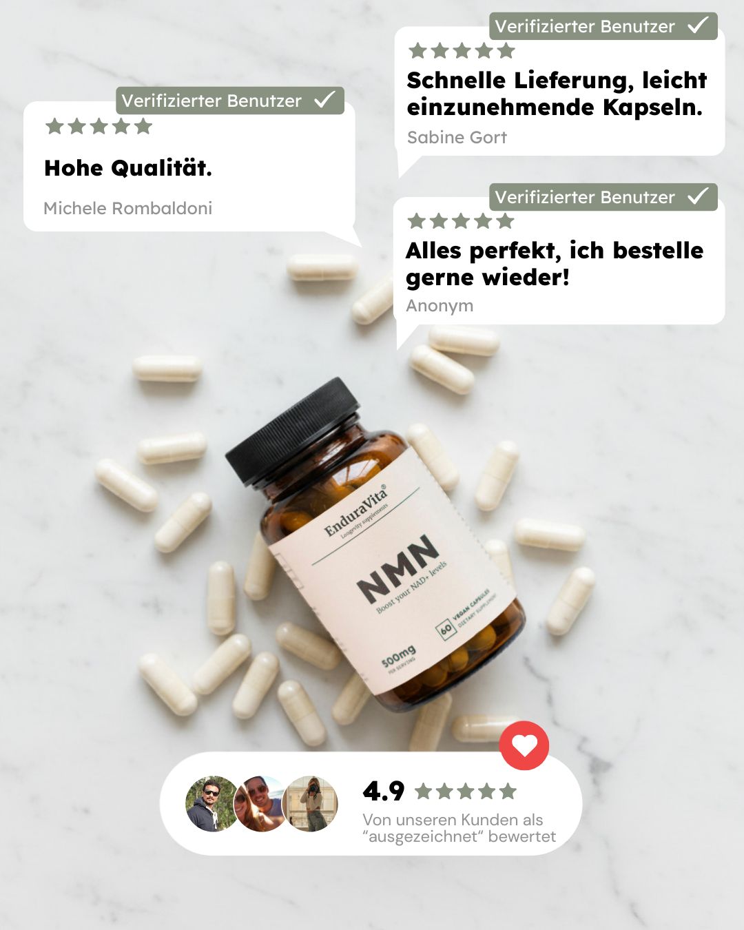 Braune Glasflasche mit weißen Kapseln. Aufschrift: EnduraVita, NMN, 100mg. Kundenbewertungen und Sterne.