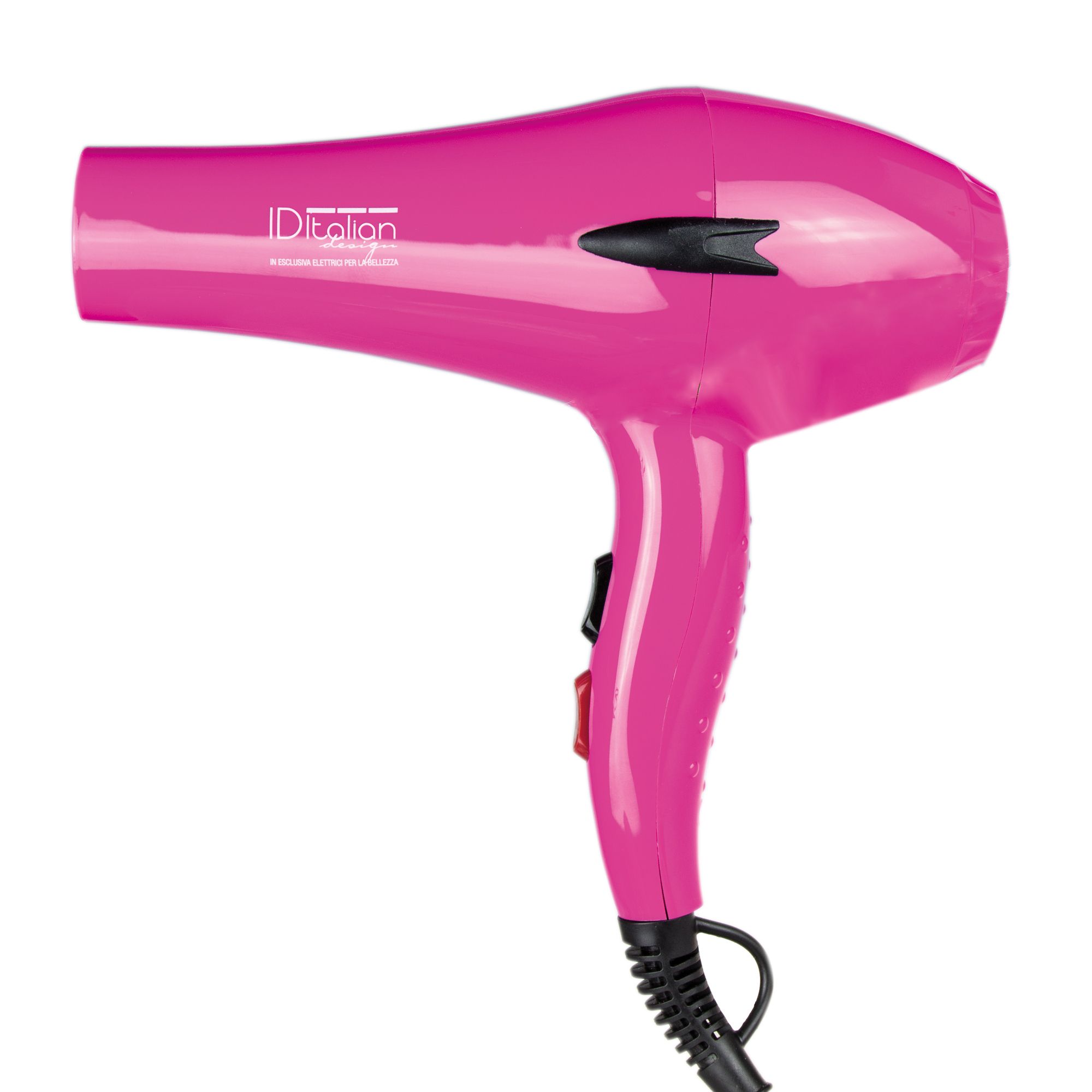 Pinker Haartrockner mit schwarzem Griff und Schalter.