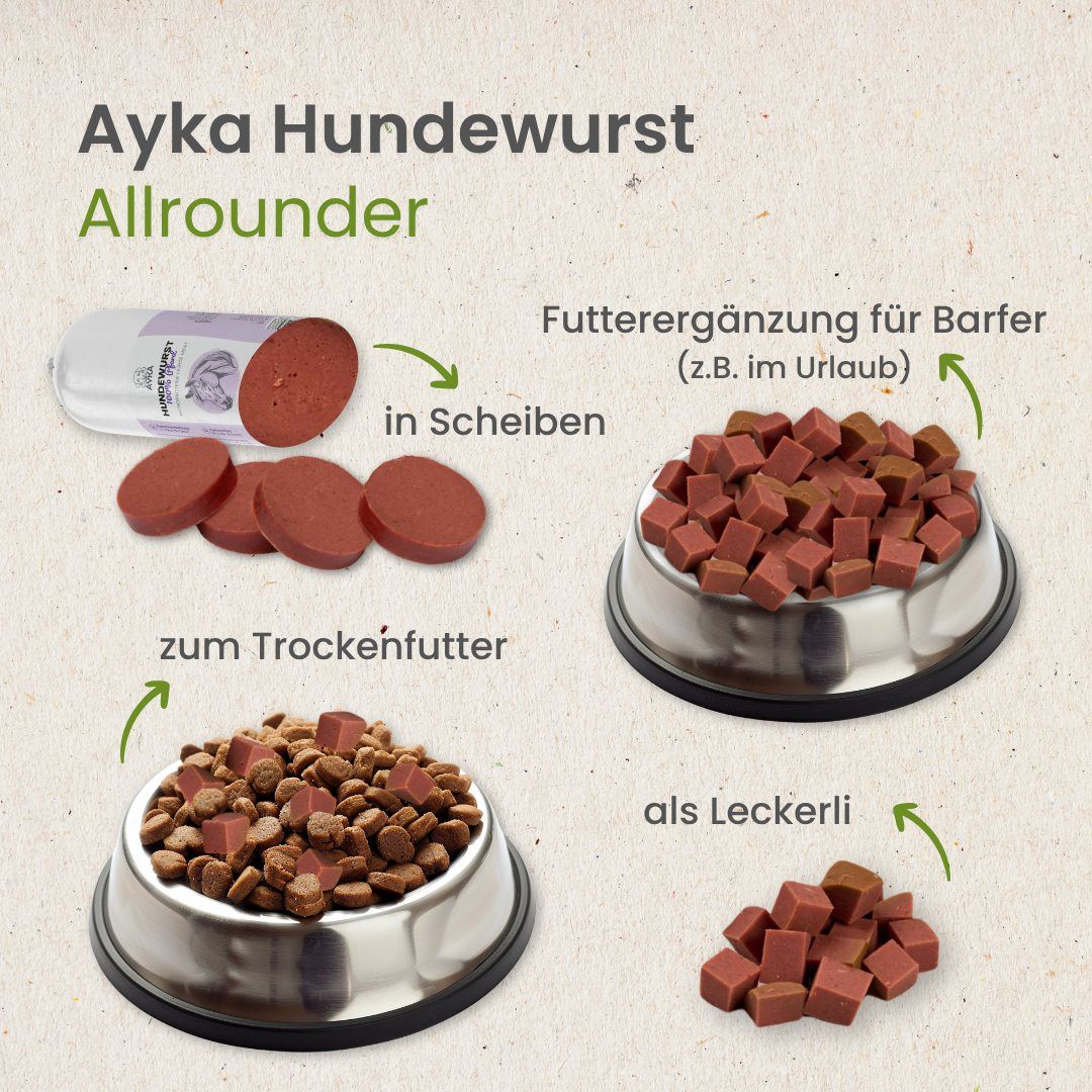 Ayka Hundewurst Allrounder: Scheiben, im Napf mit Trockenfutter, als Futterergänzung und als Leckerli.