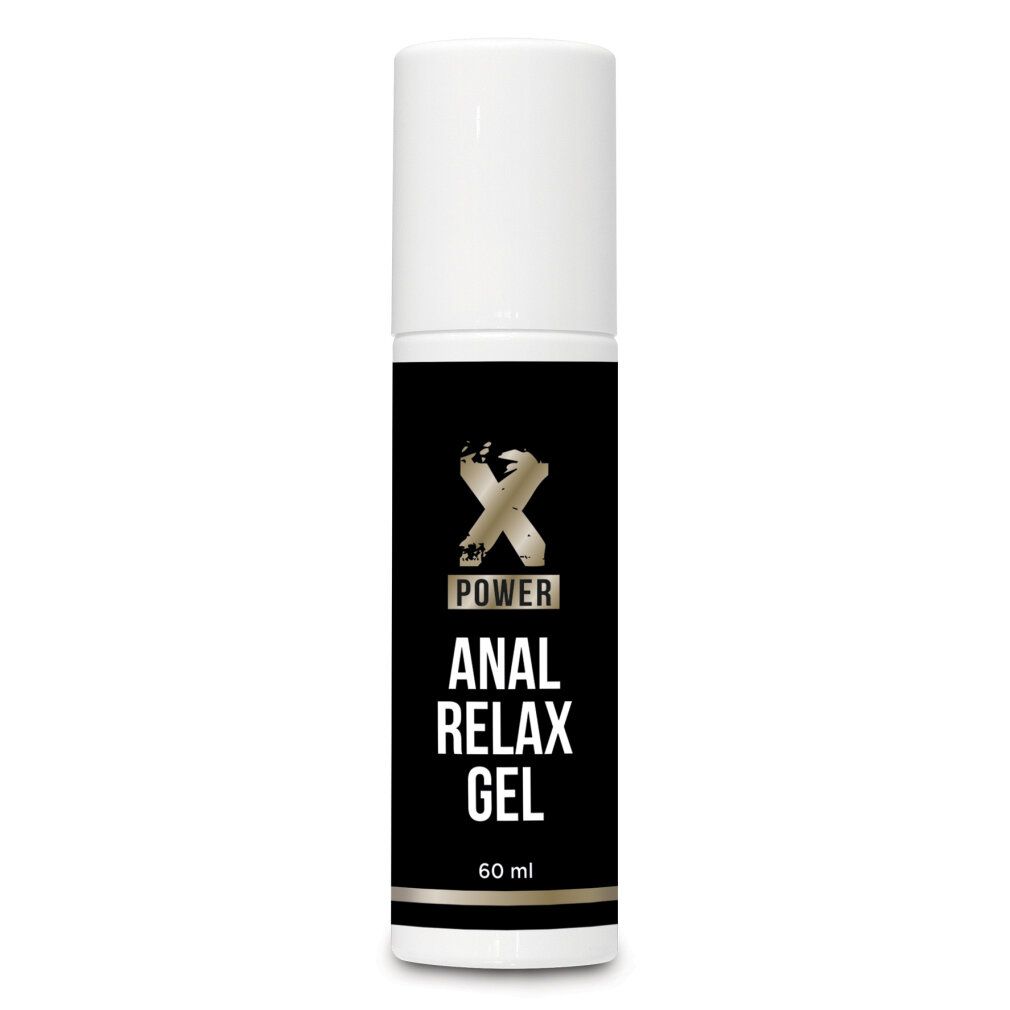 Zylindrische Flasche mit weißem Deckel. Schwarzes Etikett mit goldfarbenem Logo und Text: ANAL RELAX GEL. Unten: 60 ml.