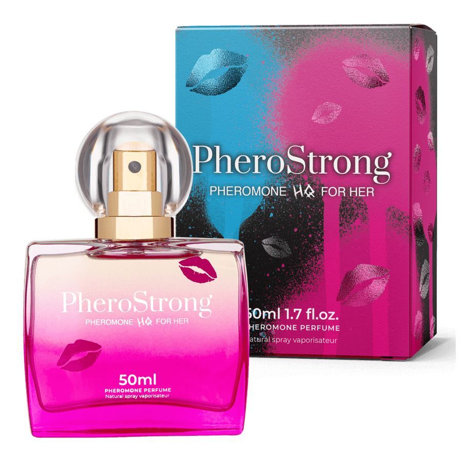 PheroStrong Pheromone HQ Für Sie Flakon und Verpackung. Rosa-Farbverlauf, Lippen-Motiv. Goldener Zerstäuber, transparente Kappe. 50ml.
