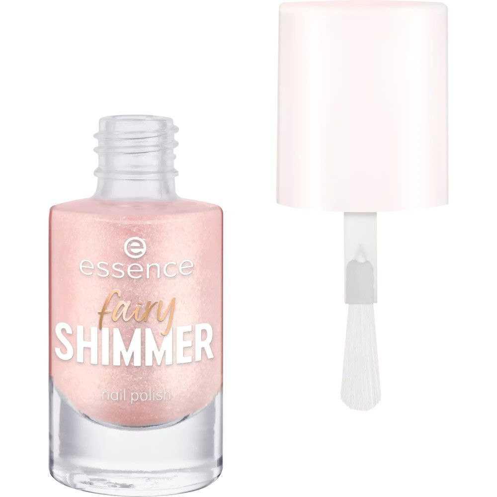Essence Fairy Shimmer Nagellack, rosa schimmernd, mit Pinsel und weißem Deckel. Produktname und Marke sichtbar.
